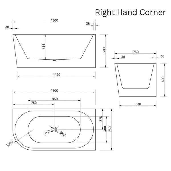 Bao Bon 1500mm Corner Bathtub - Freestanding Acrylic Soaking Tub for Small Bathrooms, Spa-Like Relaxation at Home