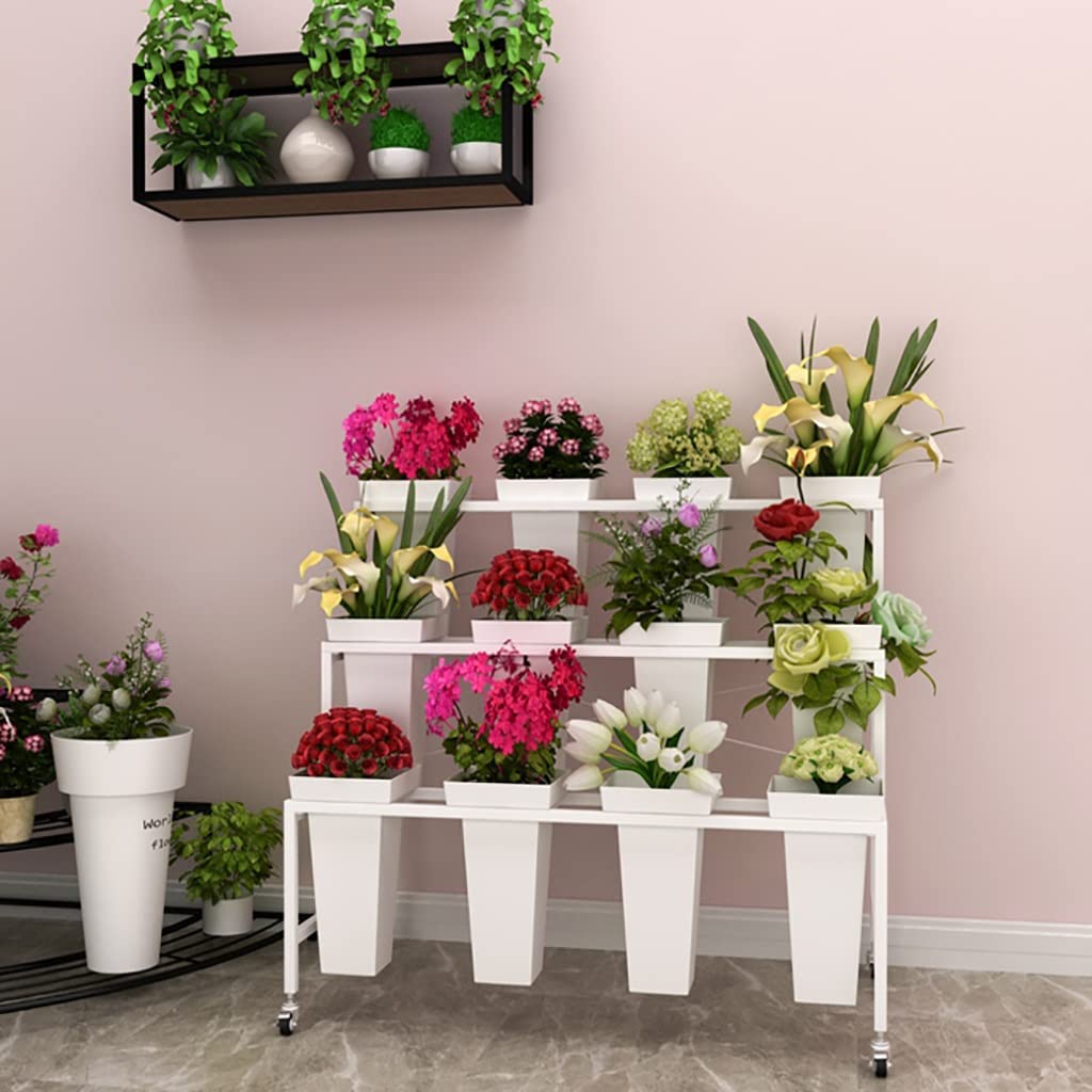 Heavy Duty 3-Tier Flower Display Stand with 12 Buckets & Wheels, 33 Inch Tall Rolling Plant Cart for Florist, Garden, Patio - Perfect for Flower Arrangements, Nursery Storage & Outdoor Decor (White)