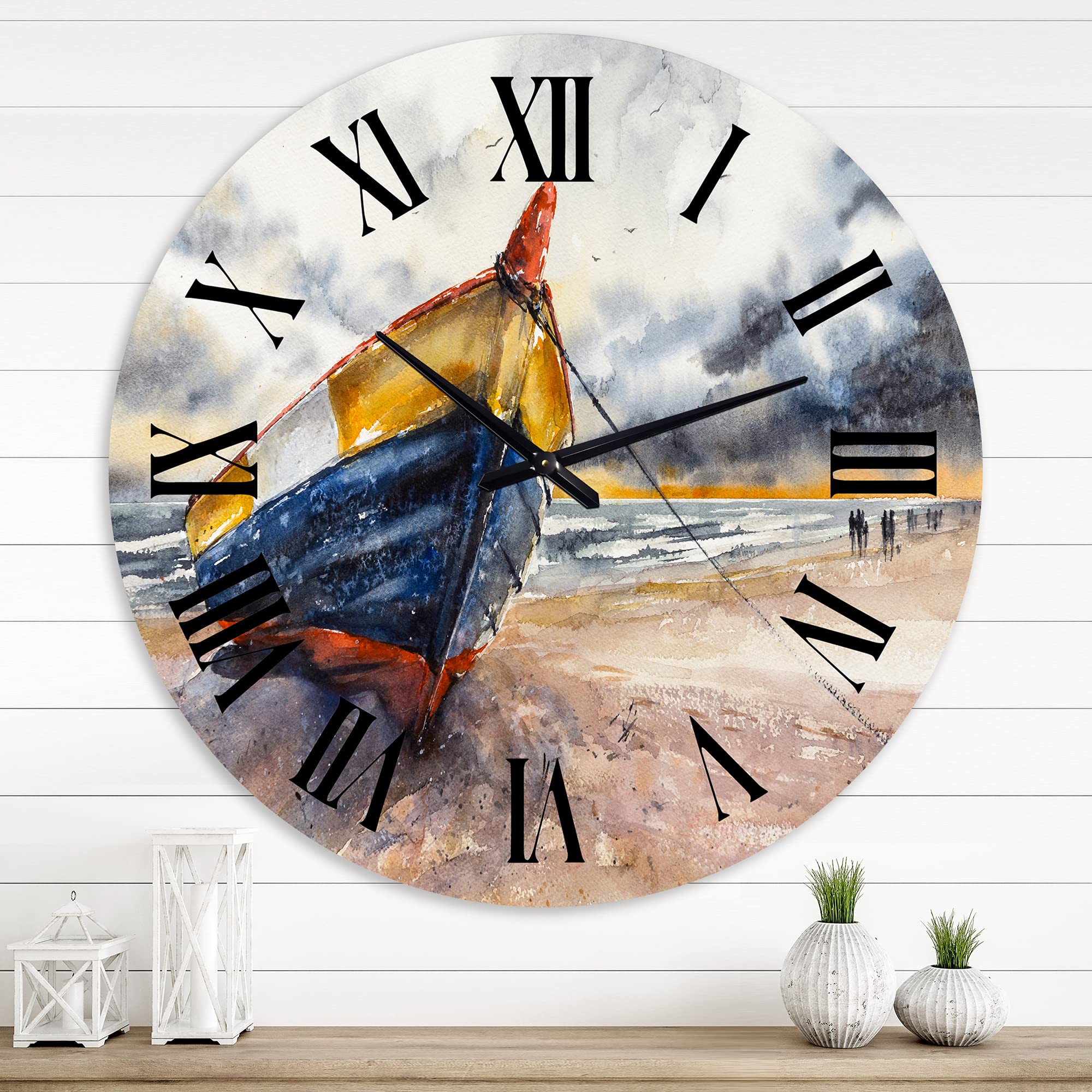 DesignQ Nautical Wooden Boat Wall Clock - Coastal Round Clock for Home & Office Decor - Perfect for Beach House, Living Room, or Nautical-Themed Spaces