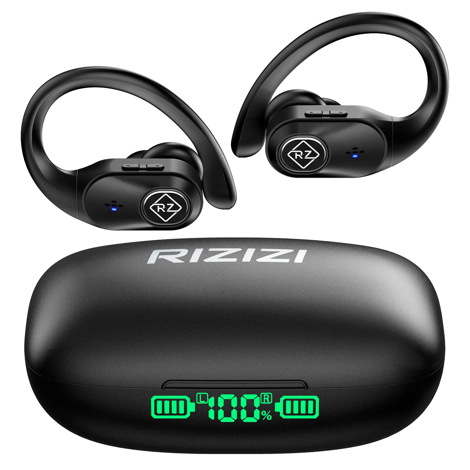 RIZIZI Wireless Bluetooth Earbuds with LED Digital Display, 40H Playtime, Wireless Charging Case, IPX7 Waterproof - Sports Earphones with Earhooks & Bass Sound for Gym, Running, Workout & Travel