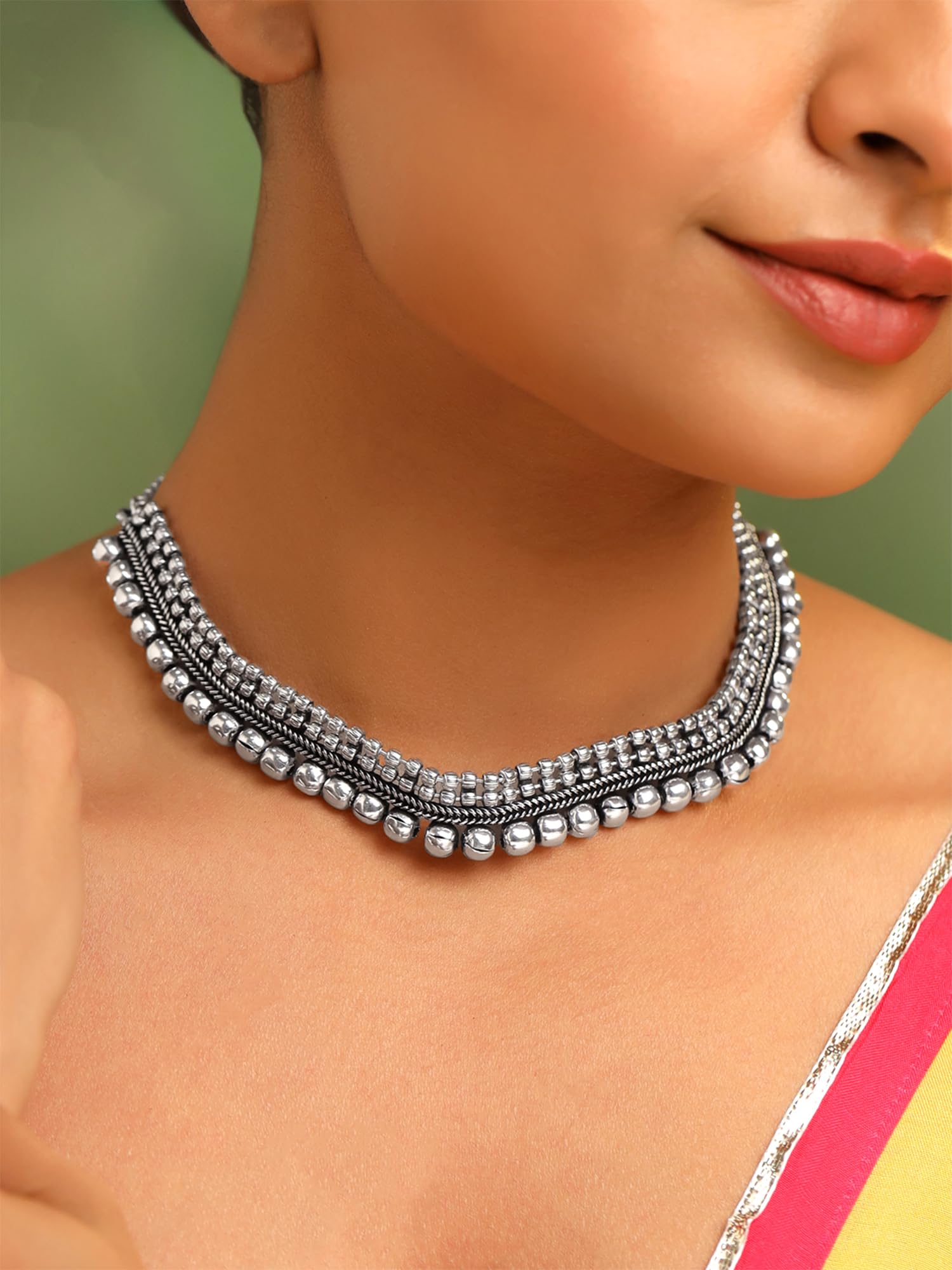 Adjustable Silver Oxidized Beaded Choker Necklace for Women & Girls - Yellow Chimes Pendant, Boho Fashion Jewelry - Perfect for Parties, Weddings & Everyday Wear