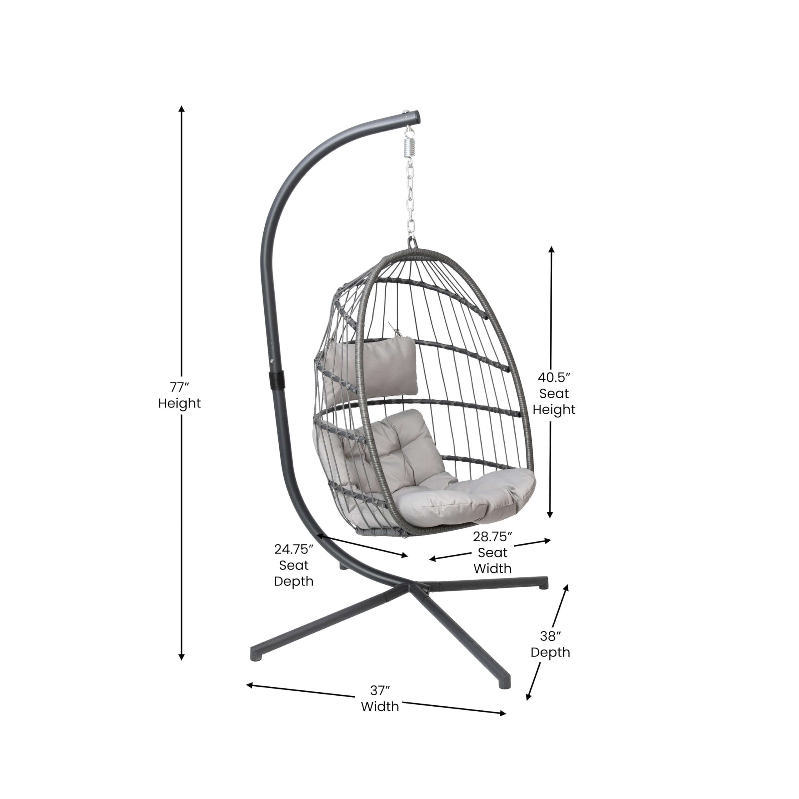 Flash Furniture Cleo Indoor/Outdoor Hanging Egg Chair with Gray Frame & Cushions - Black Powder-Coated C-Stand - Perfect for Patio, Garden, Poolside & Balcony Relaxation