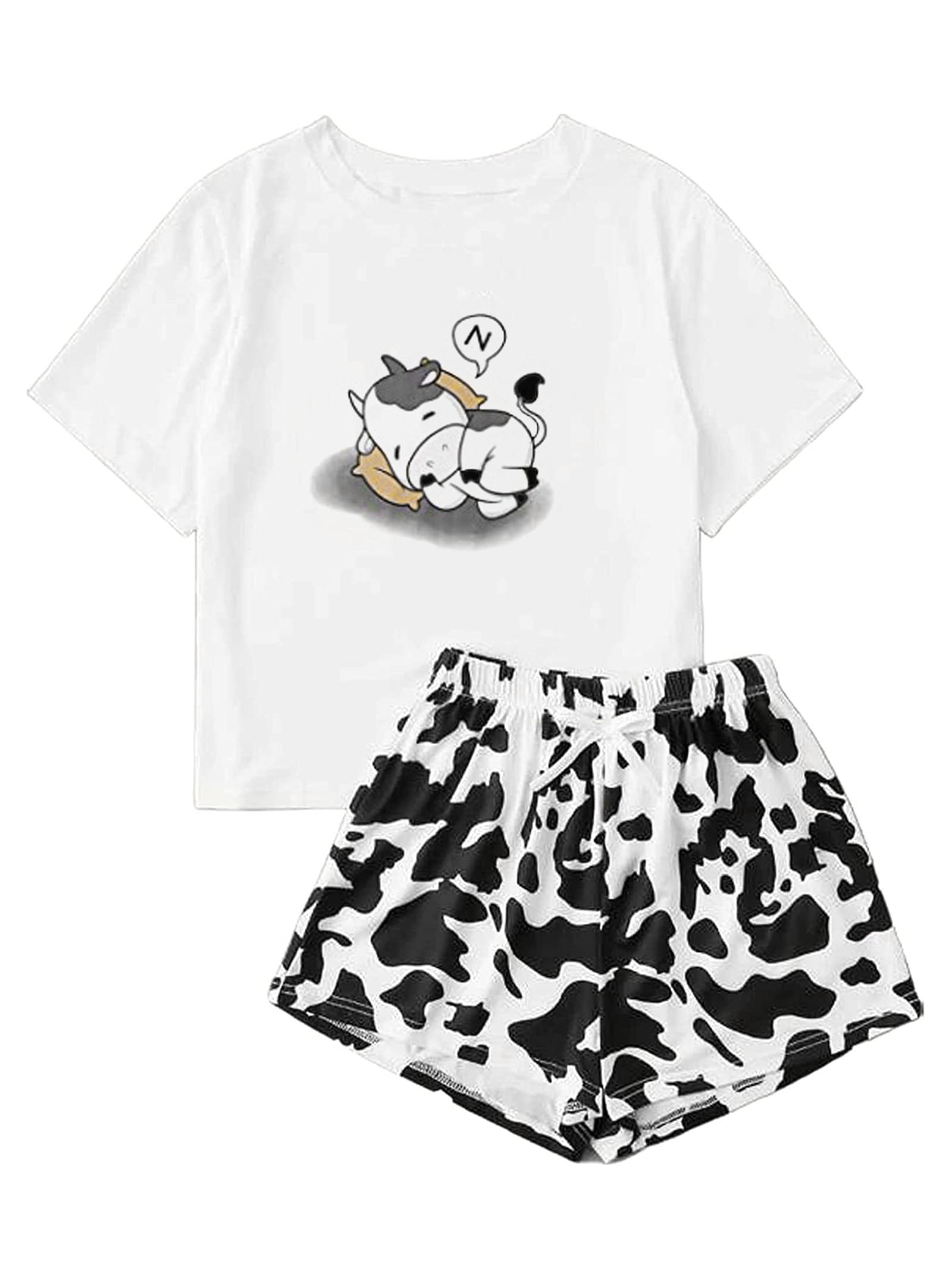 Remidoo Women's Cute Cartoon Print Tee Shirt and Shorts Pajama Set - Soft Sleepwear for Women & Girls - Perfect for Lounge, Sleepovers, and Relaxing at Home
