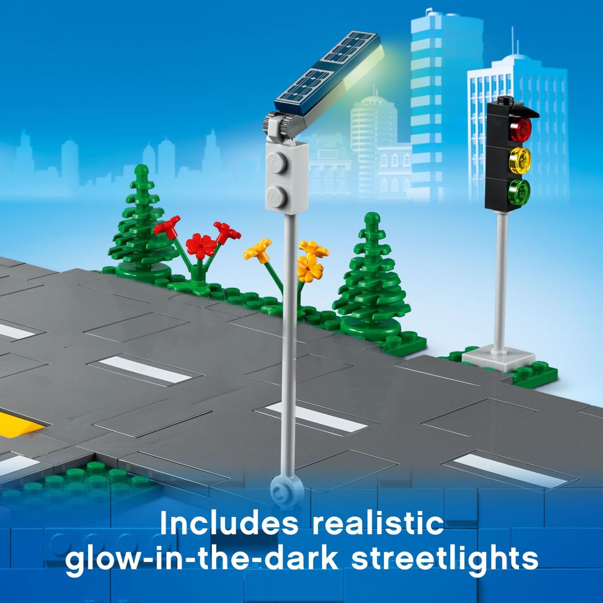 LEGO City Road Plates 60304 - Building Toy Set with Traffic Lights, Trees & Glow in The Dark Bricks | Compatible with All City Series Sets | STEM Learning Gift for Kids Ages 5+ | Perfect for Creative Play, City Building & Interactive Learning Scenes