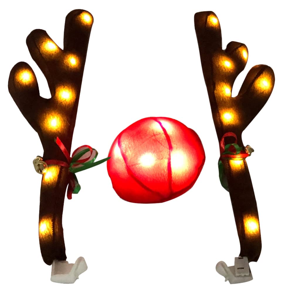 VICASKY LED Luminous Reindeer Antlers Car Decor - Christmas Roof Top Ornament with Red Nose & Plush Suit Kit for Auto Window Decoration | Perfect for Holiday Car Parades, Christmas Parties & Festive Family Road Trips