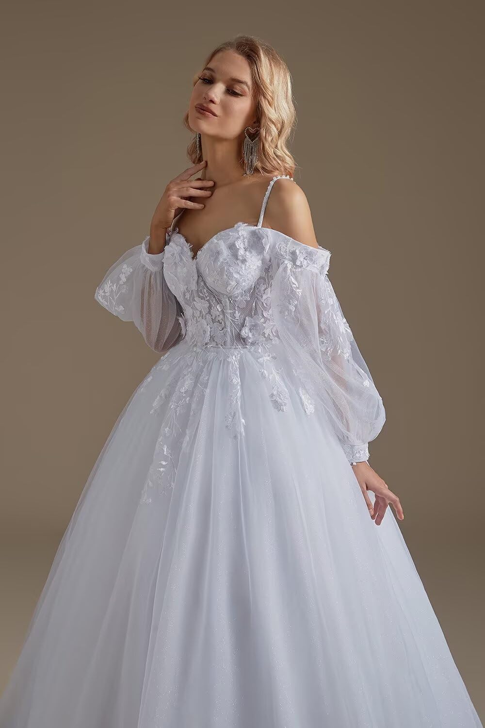 SoDigne 2025 Lace Applique Long Sleeve Tulle Wedding Dress for Bride - Elegant Summer Bridal Gown with Floral Embroidery for Women | Perfect for Beach, Garden & Church Ceremonies