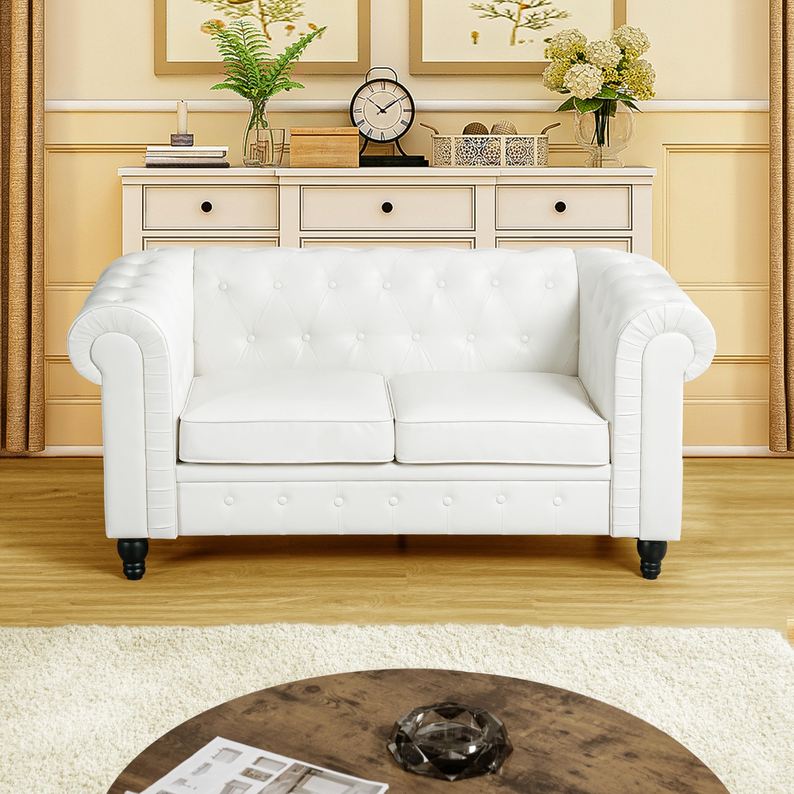 Naomi Home Emery Chesterfield Leather Loveseat - Small 2-Seater Sofa Bed with Tufted Cushions & Rolled Arms | Compact Sleeper Loveseat for Small Spaces | Perfect for Living Rooms, Apartments & Guest Rooms (Off White)