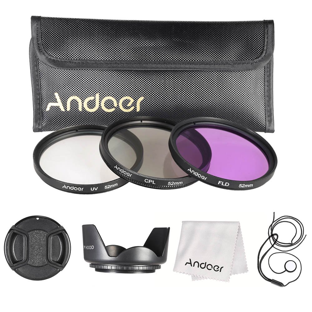 Andoer 52mm Camera Filter Kit with UV CPL FLD Filters - Includes Nylon Pouch, Lens Cap, Cap Holder, Hood & Cleaning Cloth - Perfect for DSLR & Mirrorless Photography, Travel & Outdoor Shooting