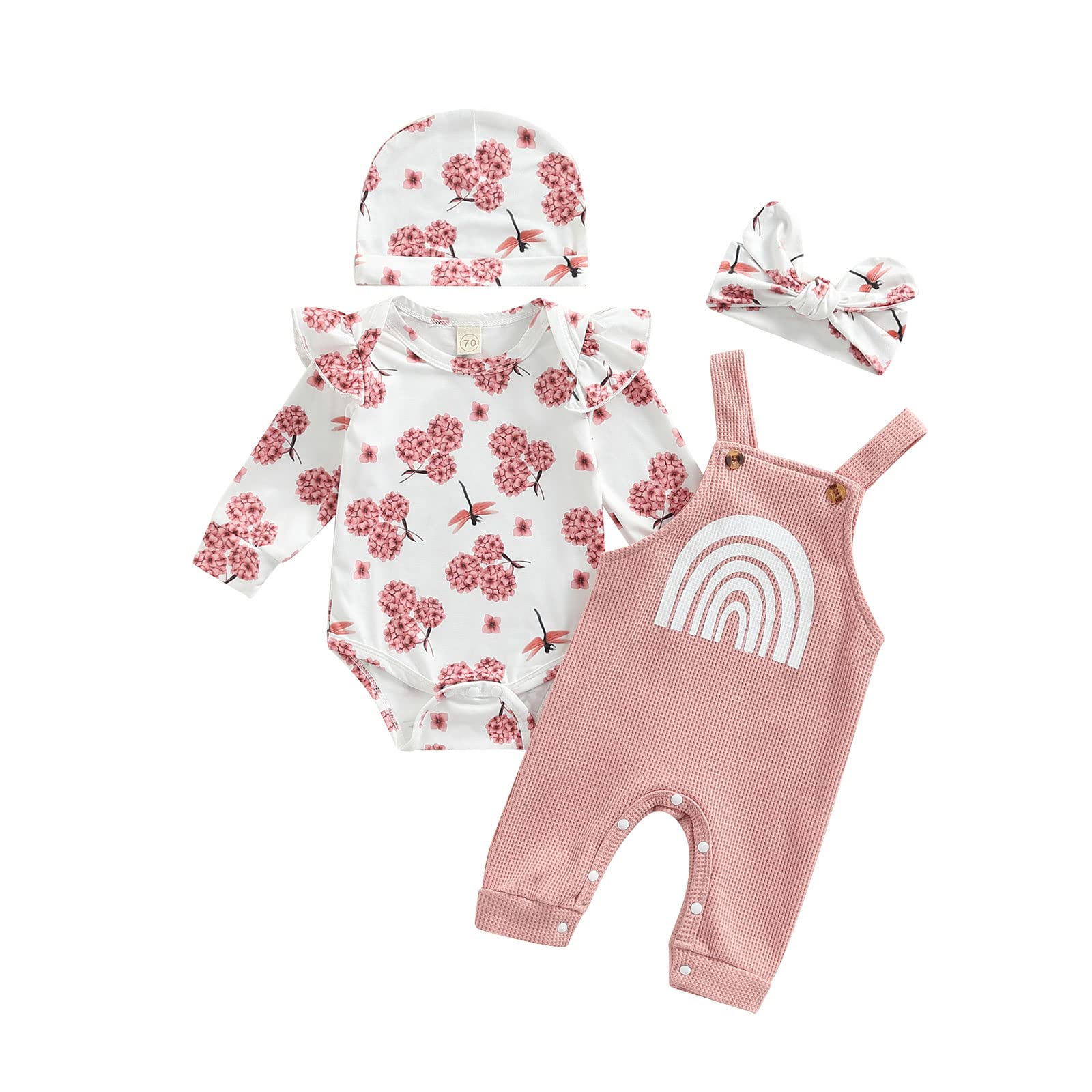 Adorable Newborn Baby Girl Fall Outfits - 4-Piece Floral Ruffle Romper Set with Waffle Knit Overalls, Hat & Headband | Perfect for Autumn Photoshoots, Family Gatherings & Cozy Seasonal Outings