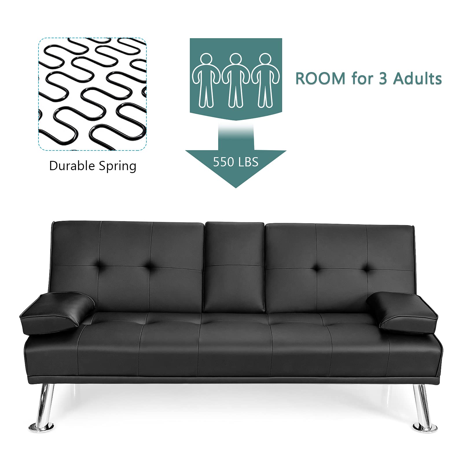 Powerstone Convertible Leather Futon Sofa Bed - Foldable Sleeper Couch for Small Spaces, Living Room Sectional with Cup Holder & Removable Armrests (Black) - Perfect for Apartments, Guest Rooms & Home Offices