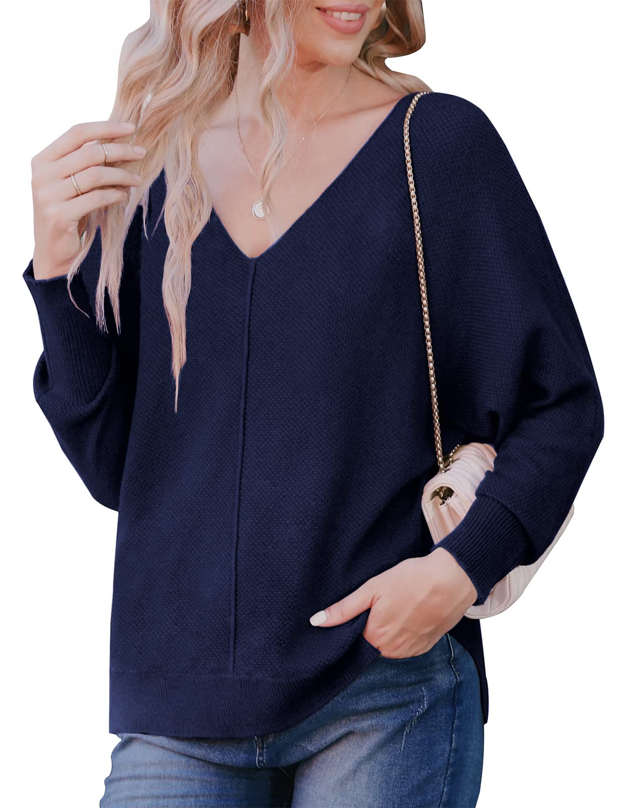 Women's Batwing Sleeve Pullover Sweater - V Neck Casual Knit Top for Fall & Winter | Cozy Office Wear, Date Night Outfits, Weekend Comfort