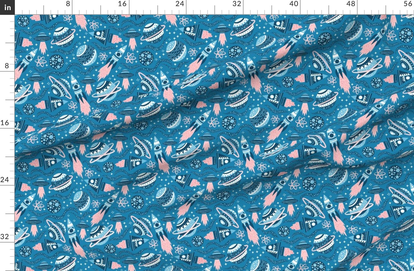 Planets Space Blue Pink Stars Retro Atomic Print Organic Cotton Sateen Fabric by The Yard - Premium Spoonflower Material for Sewing, Quilting, Apparel & Home Decor - Perfect for DIY Projects, Curtains, Pillows and Space-Themed Decorations