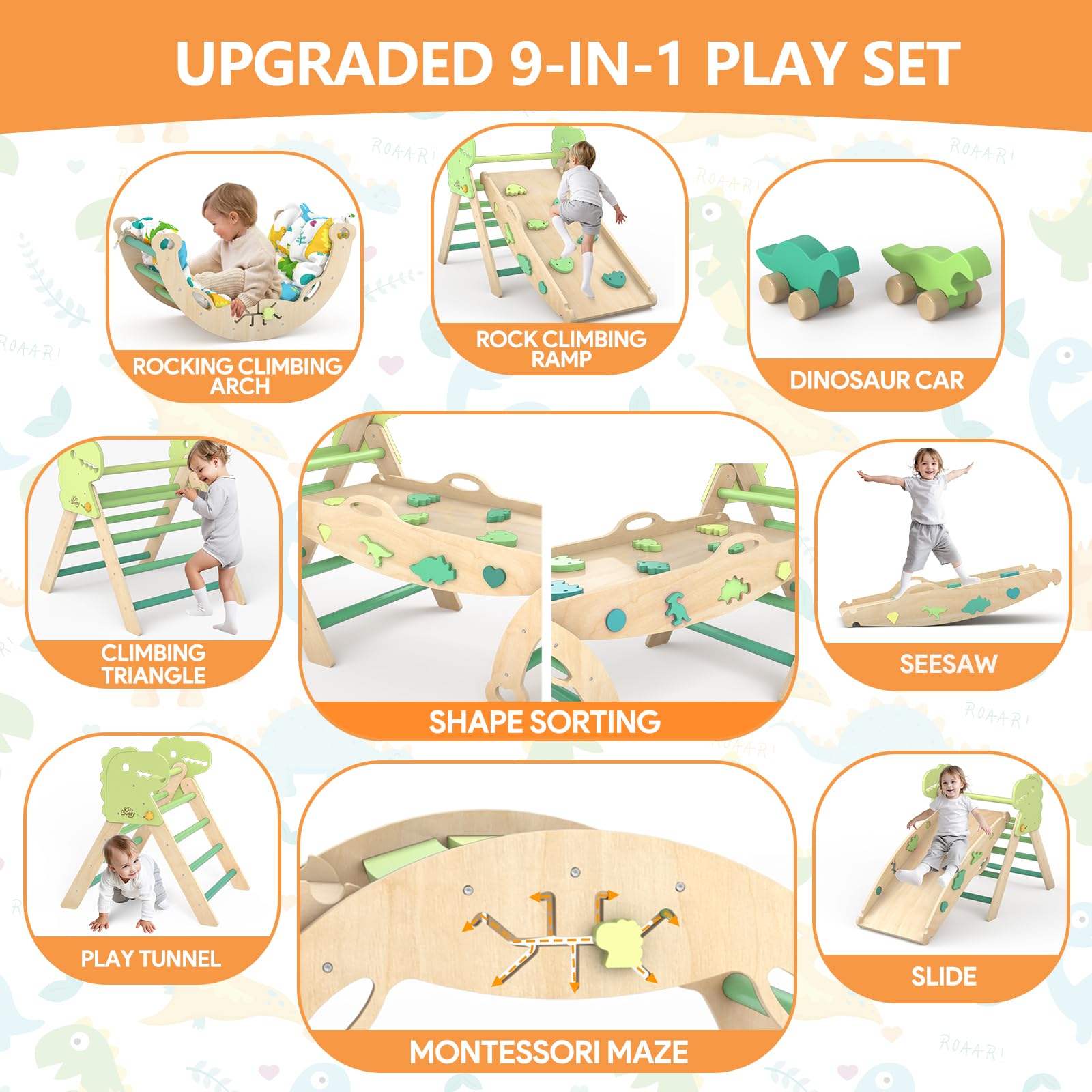 Montessori Wooden Pikler Triangle Climbing Set for Toddlers 1-3 Years - 9-in-1 Indoor Play Gym with Cushion, Maze, Shape Sorter & Dinosaur Car - Perfect for Home Playrooms, Daycares & Early Childhood Development