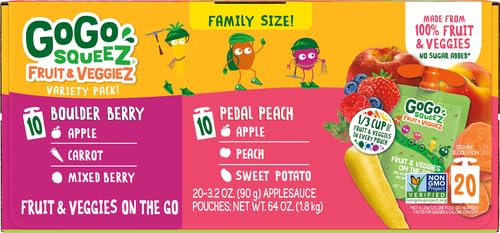 GoGo squeeZ Fruit & VeggieZ Applesauce Variety Pack - 20 Pouches, BPA Free, Kids Snacks for School & Travel