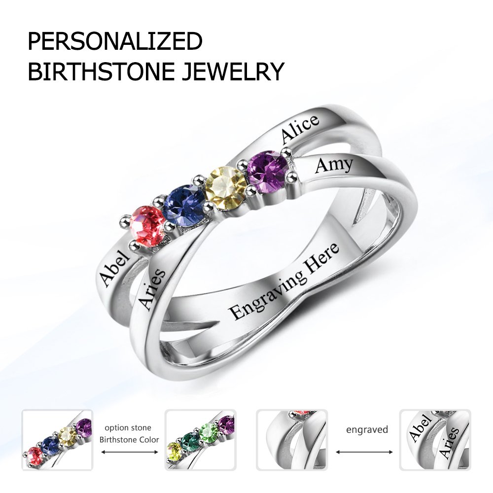 Personalized Sterling Silver Mother's Ring with Birthstones - Engraved Family Names for Anniversary & Mother's Day Gifts