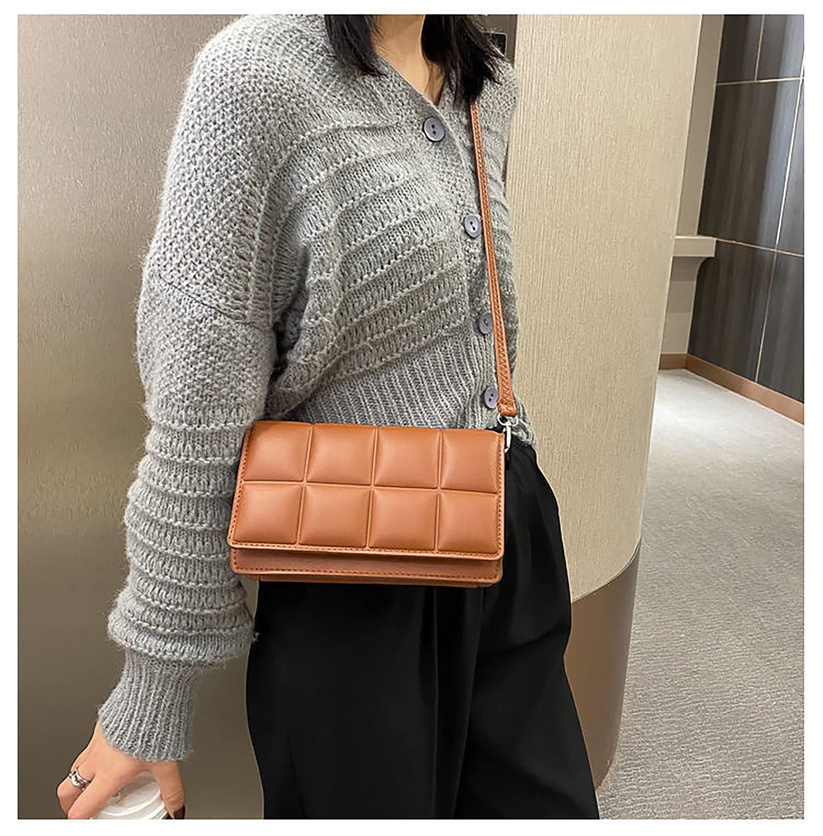 Women's Small Quilted Crossbody Bag - PU Leather Solid Color Shoulder Purse with Wallet - Fashion Square Handbag for Daily Use, Shopping & Travel