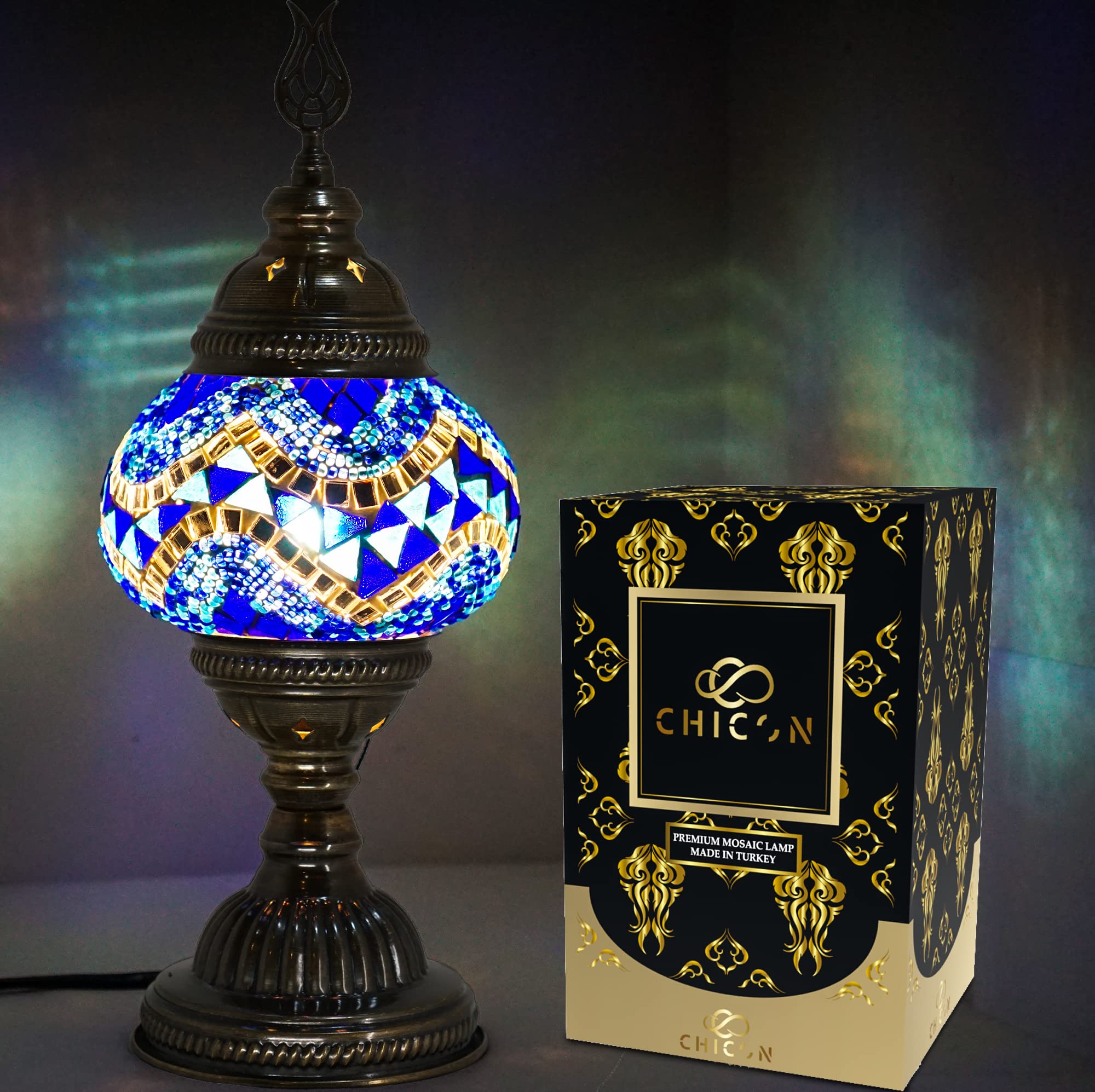 Handmade Mosaic Turkish Lamp - Genuine Glass Tiffany Style Boho Table Lamp in Classic Wave Blue | Vintage Moroccan Decor | Perfect for Bedroom, Living Room & Meditation Spaces