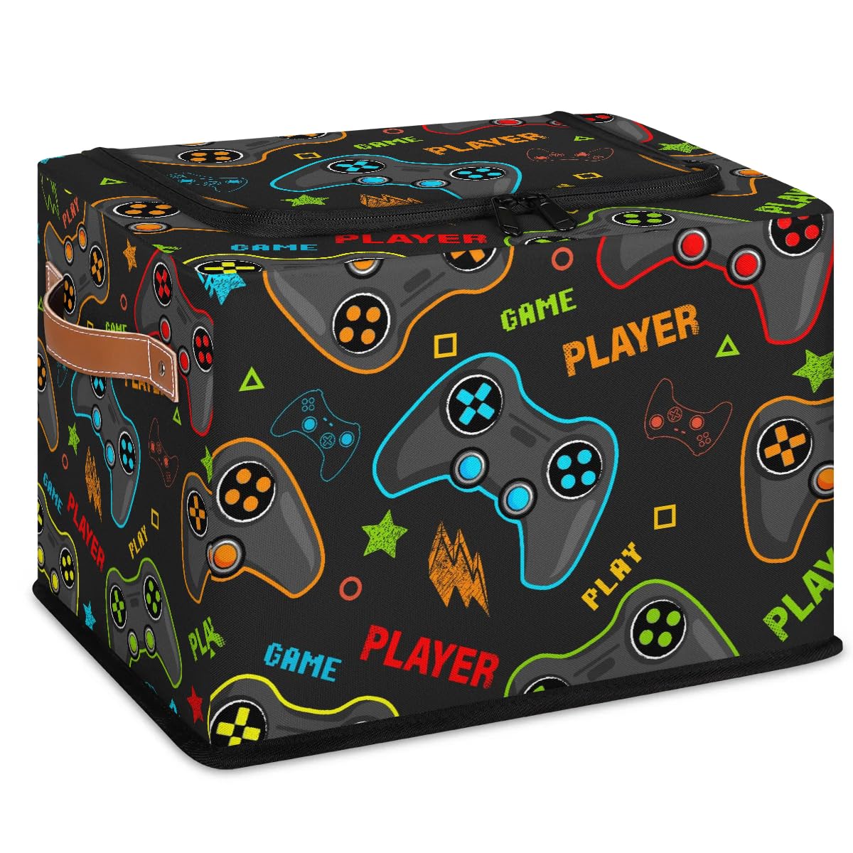 Game Themed Fabric Storage Bins with Zipper Lid - 2 Pack Stackable Cube Organizer Baskets for Clothes, Toys & Video Game Accessories - Steel Frame Design for Closet, Shelf & Bedroom Storage