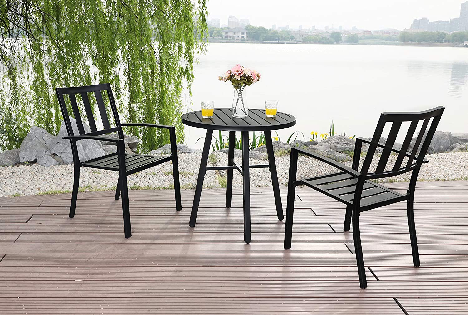 PHI VILLA 3-Piece Outdoor Bistro Set - Slatted Metal Round Table & 2 Chairs - Patio Dining Furniture for Porch, Deck, Garden & Backyard - Perfect for Morning Coffee & Outdoor Entertaining