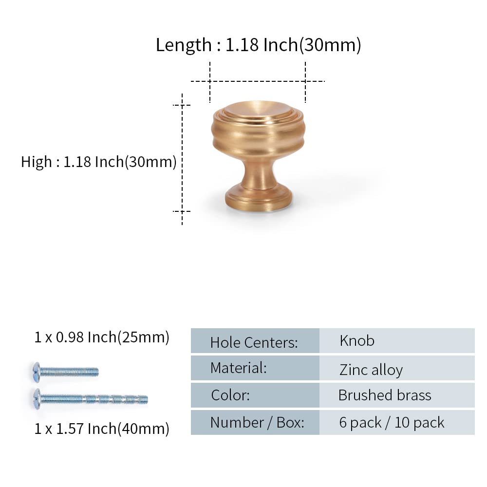 6 Pack Brushed Brass Cabinet Knobs - Single Hole Modern Cabinet Pulls for Kitchen, Bathroom & Bedroom - Elegant Dresser Drawer Handles & Furniture Hardware (Perfect for Home Renovation & DIY Projects)