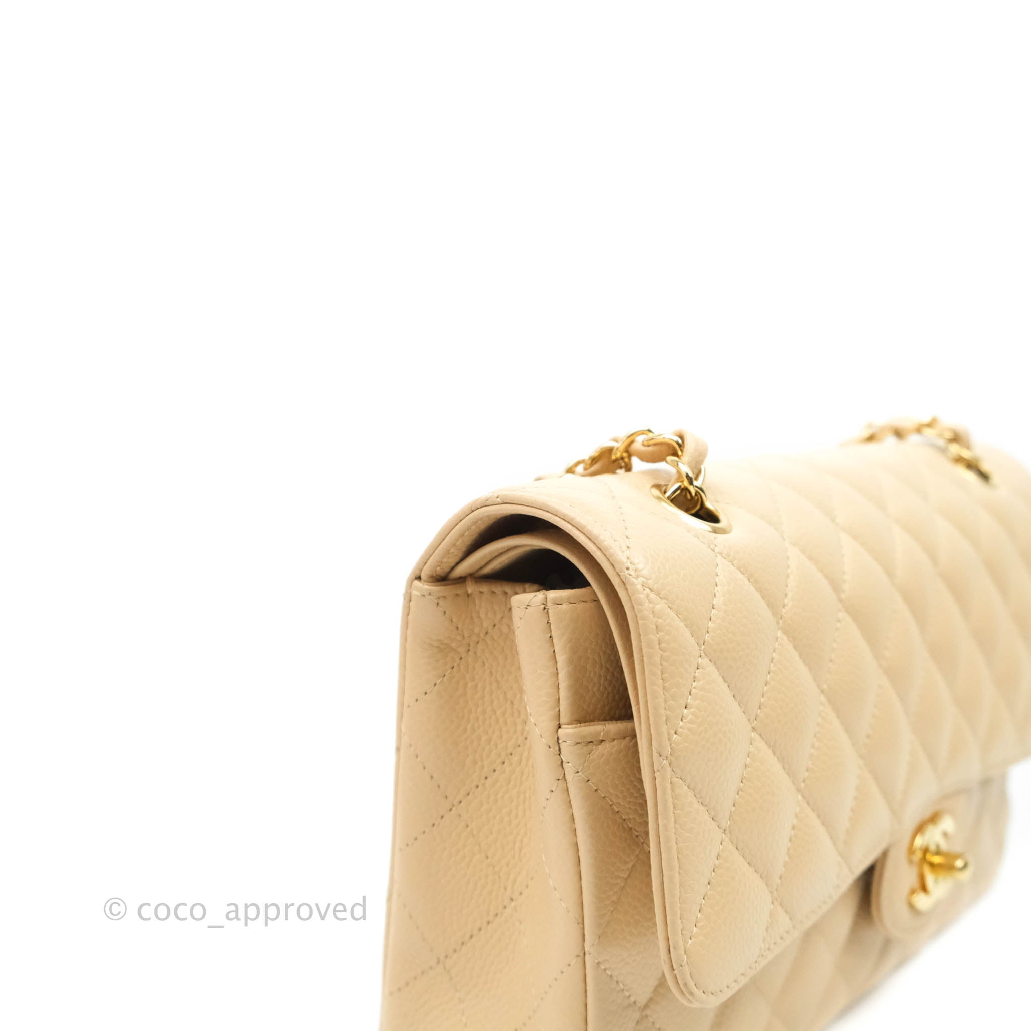 Chanel Classic Medium Double Flap Bag in Beige Caviar Leather with Gold Hardware - Luxury Designer Handbag for Women, Perfect for Work, Evening Events & Special Occasions