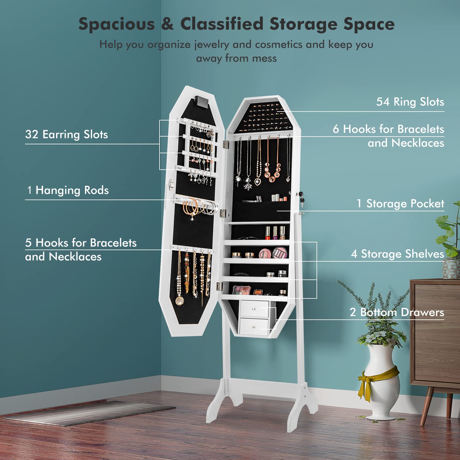 CHARMAID Jewelry Armoire with Full-Length LED Mirror - Lockable Touch Screen Jewelry Cabinet with 2 Drawers, Velvet Lining & Storage Organizer for Necklaces, Rings, Earrings - Perfect for Bedroom, Dressing Room & Vanity (White)
