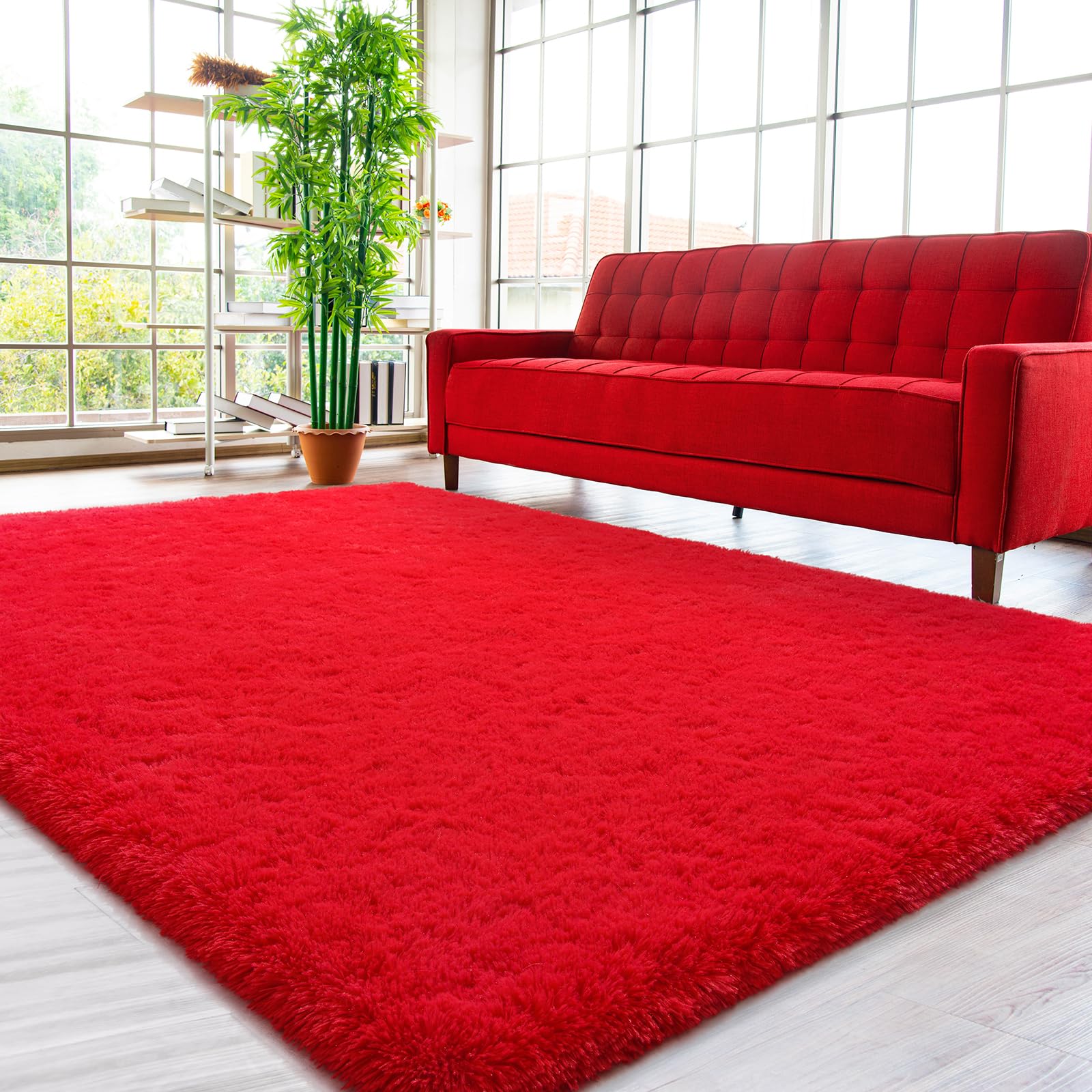 HOMORE 4x6 Feet Red Fluffy Shag Area Rug - Super Soft Furry Carpet for Bedroom, Living Room, Girls Room & Nursery - Modern Home Decor for Dorm, Kids Room & Cozy Spaces