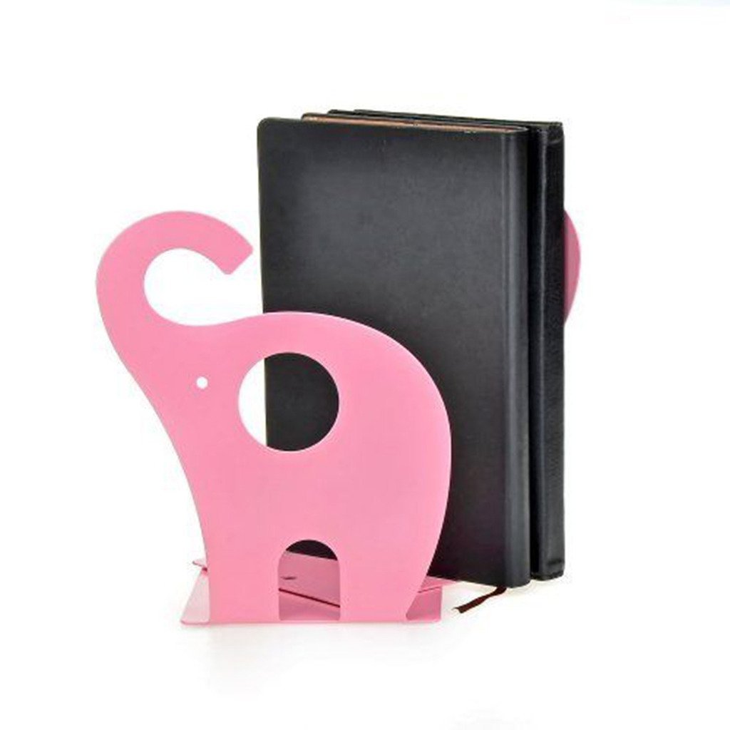 Cute Elephant Bookends for Desk - Non-Slip Metal Office Book Holder with Winterworm Cartoon Design (Pink) - Perfect for Kids' Room, Study Table & Bookshelf Organization