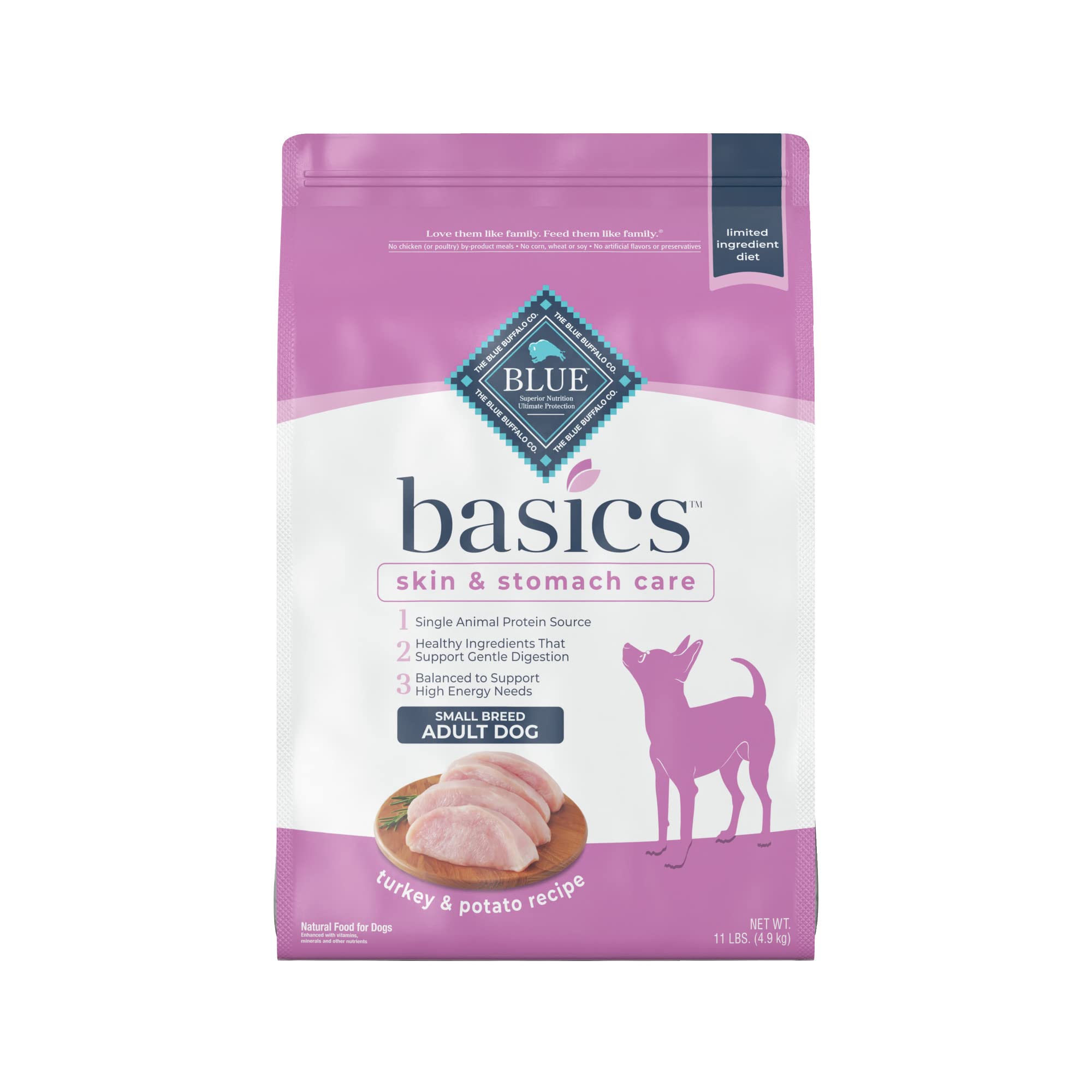 Blue Buffalo Basics Skin & Stomach Care Natural Adult Small Breed Dry Dog Food - Turkey & Potato Recipe, 11 lb Bag - Sensitive Stomach & Allergy Relief for Dogs | Perfect for Indoor & Outdoor Active Pets
