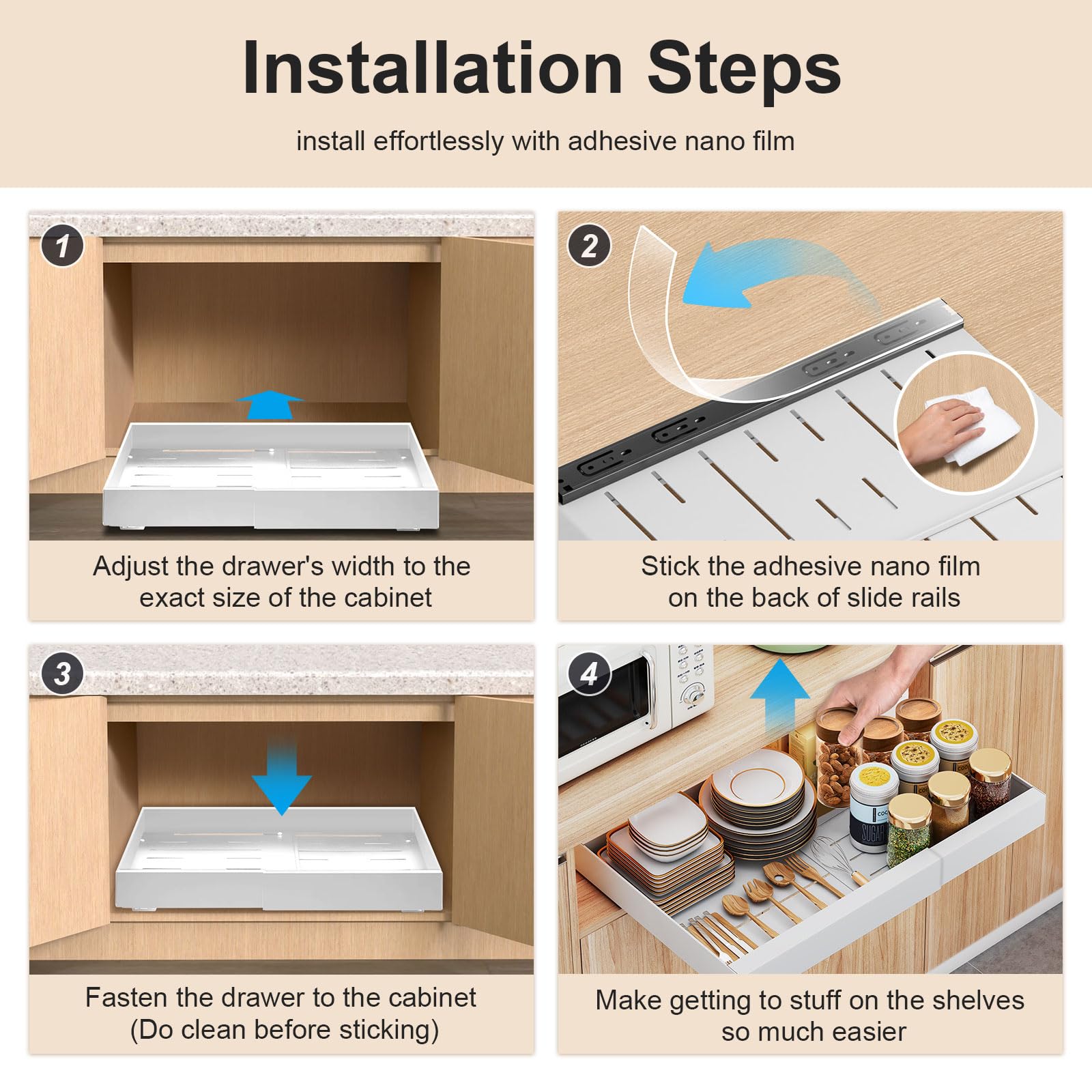 Expandable Pull Out Cabinet Organizer - 2 Pack Heavy Duty Adhesive Slide Out Drawers for Kitchen, Pantry & Bathroom Storage | Space Saving Sliding Shelves for Cabinets (Not for Cabinets with Lips) | Perfect for Organizing Spices, Utensils & Toiletries