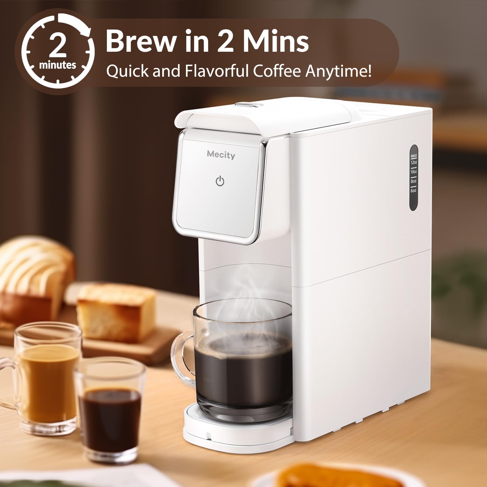 Mecity Mini Single Serve Coffee Machine - Compatible with K-Cup Capsules, Ground Coffee & Loose Tea - 1000W Compact Coffee Maker for Home, RV, Apartment - Auto Shut Off, 120V, White - Perfect for Small Kitchens, Office Desks & Travel