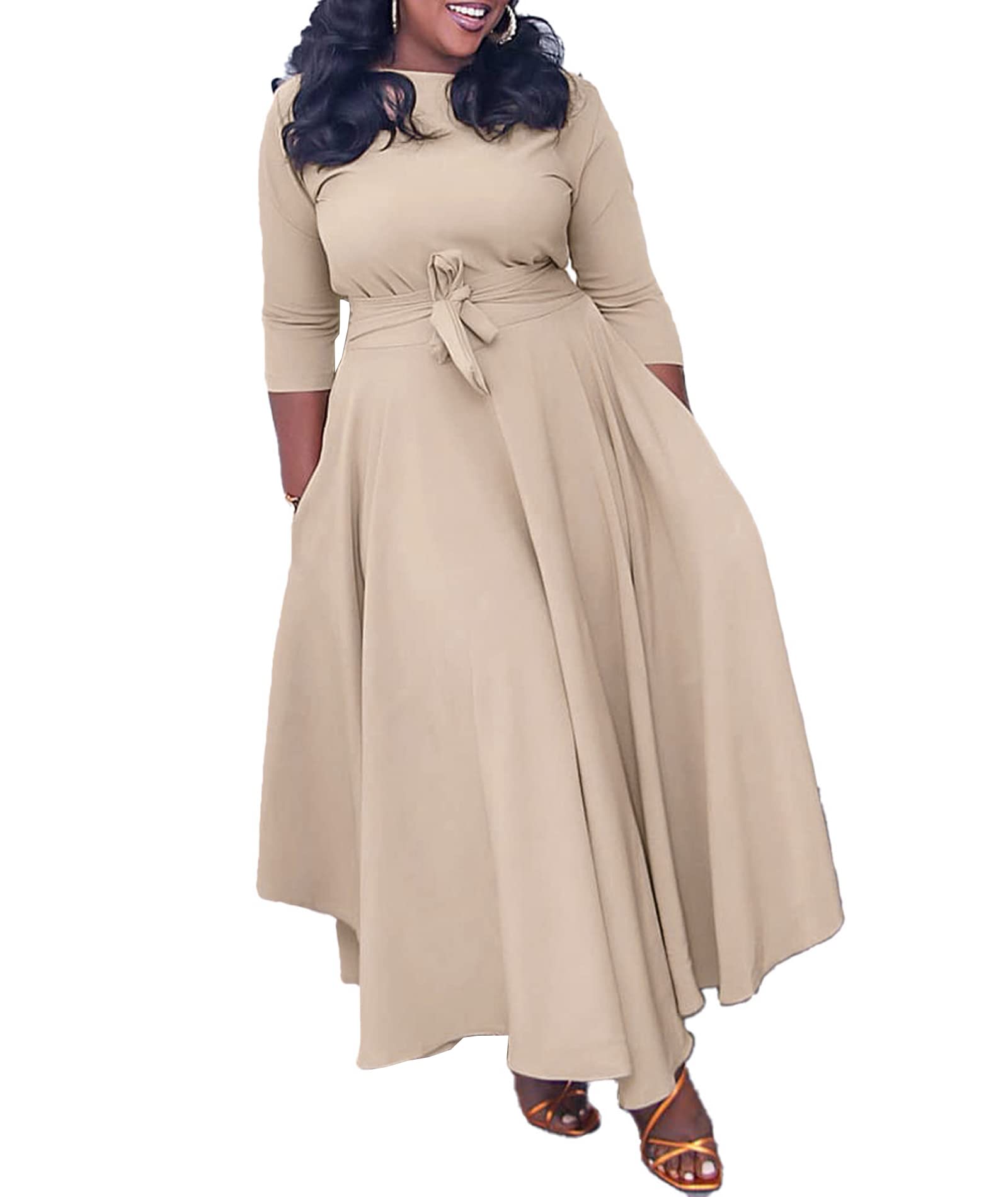 SEMATOMALA Women's A-Line Maxi Dress with Self-Tie Waist, Round Neck & 3/4 Sleeves - Plus Size Flowy Swing Dress for Casual Wear, Beach Vacation & Summer Outfits