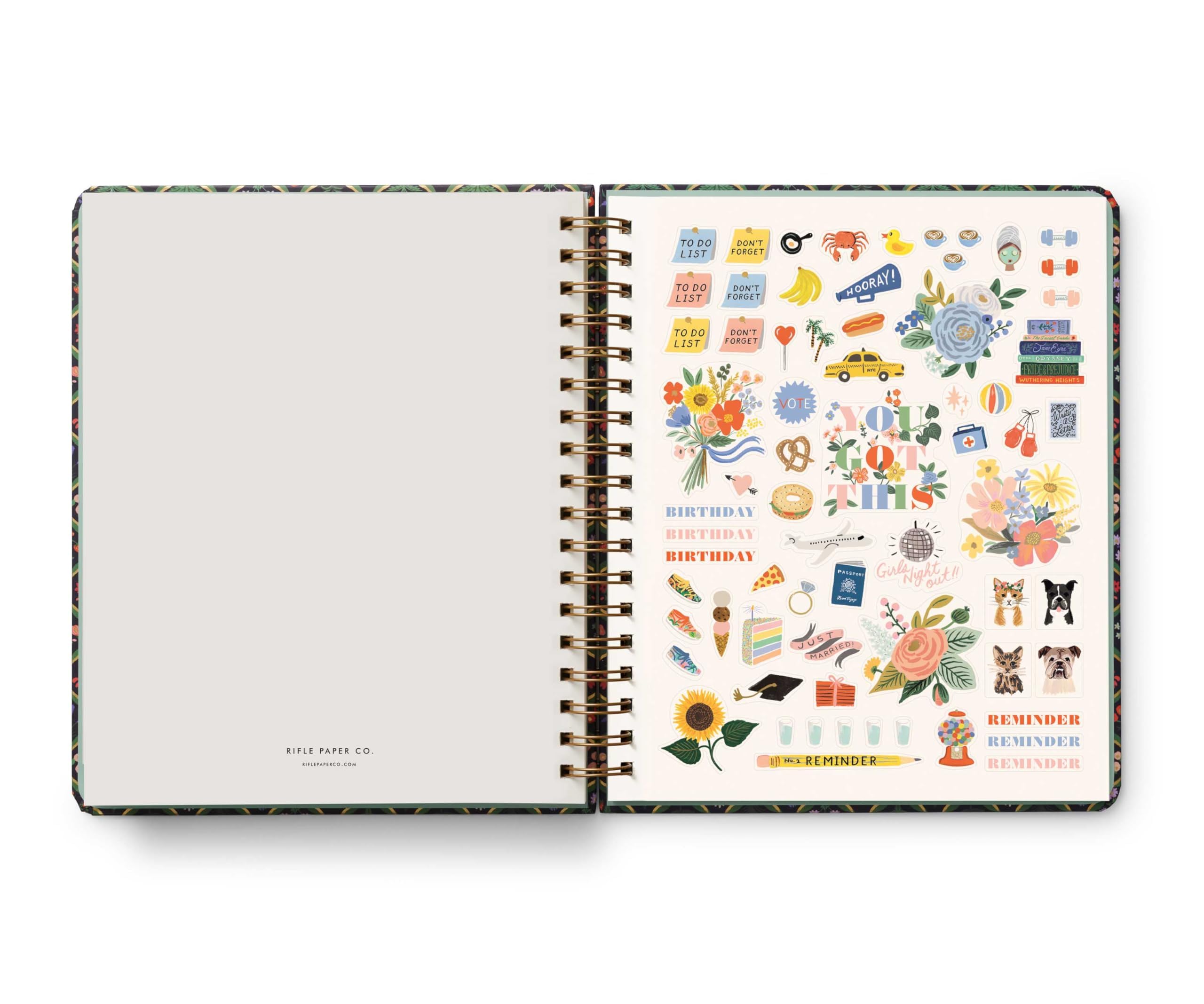 RIFLE PAPER CO. 2025 17-Month Academic Planner - Hardcover Spiral Bound with Weekly & Monthly Pages, Inspirational Quotes, Sticker Sheets & Pocket Folder (10