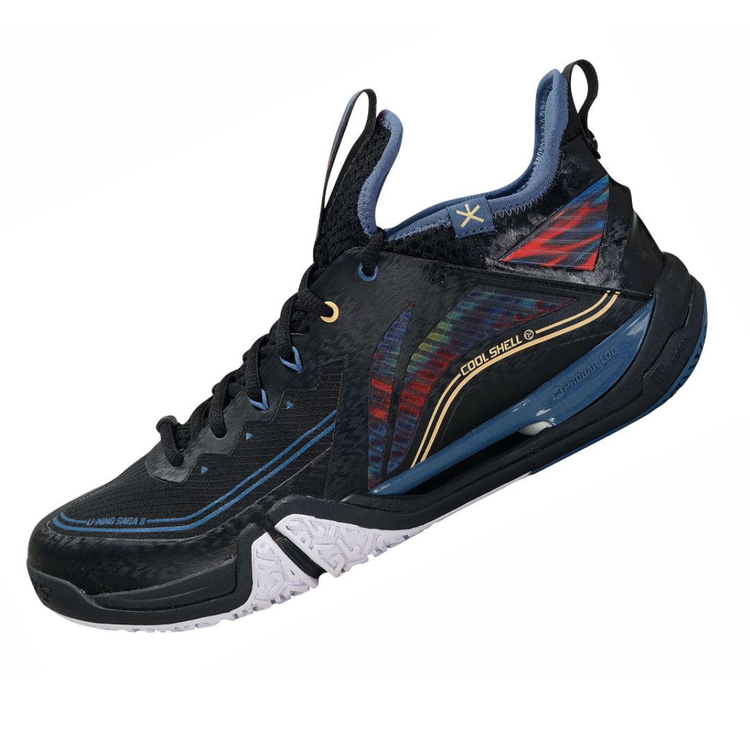 Li Ning Saga II Pro Badminton Shoes for Men & Women - Lightweight Court Shoes with Non-Slip Sole [Black/China Blue] AYAT003-4 | Perfect for Professional Badminton Matches & Indoor Sports Training