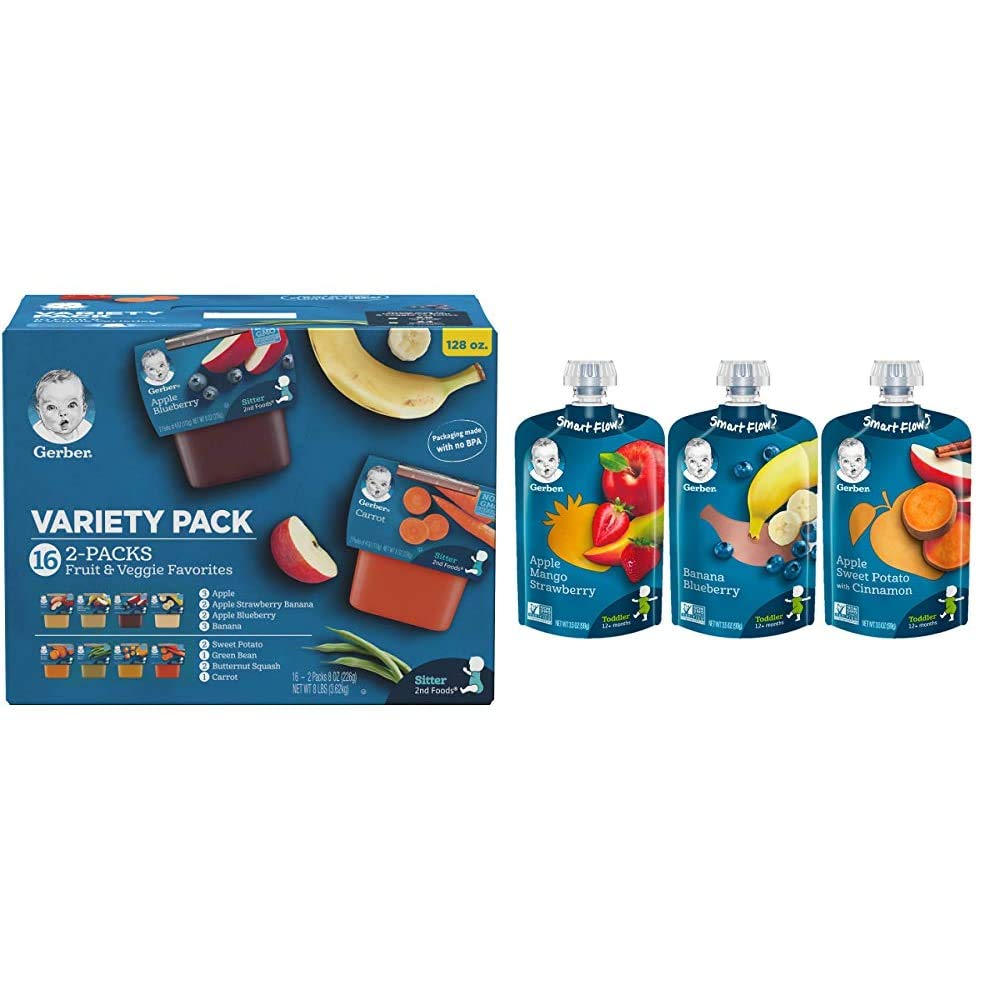 Gerber Purees 2nd Foods Veggie & Fruit Variety Pack - 8oz (16 Count) & Assorted Fruit Toddler Pouch Variety Pack (18 Count) | Organic Baby Food for On-the-Go, Travel & Snack Time | Packaging May Vary