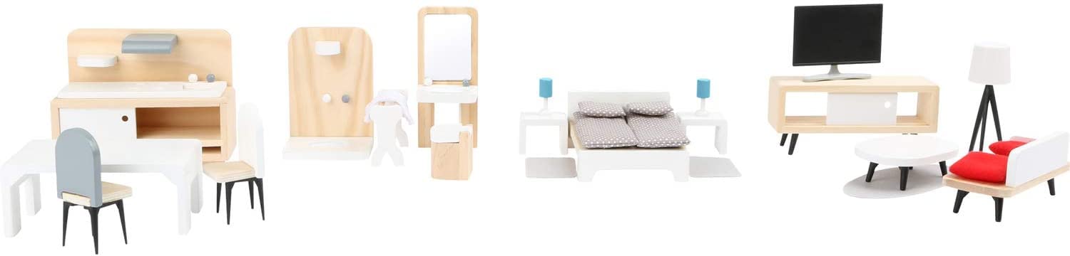 Small Foot 11414 Maison de Poupée en Bois - Ensemble Complet avec Salle de Séjour, Cuisine, Chambre et Salle de Bains - Jouet Éducatif pour Enfants à Partir de 3 Ans - Idéal pour Jeu Créatif et Développement de l'Imagination