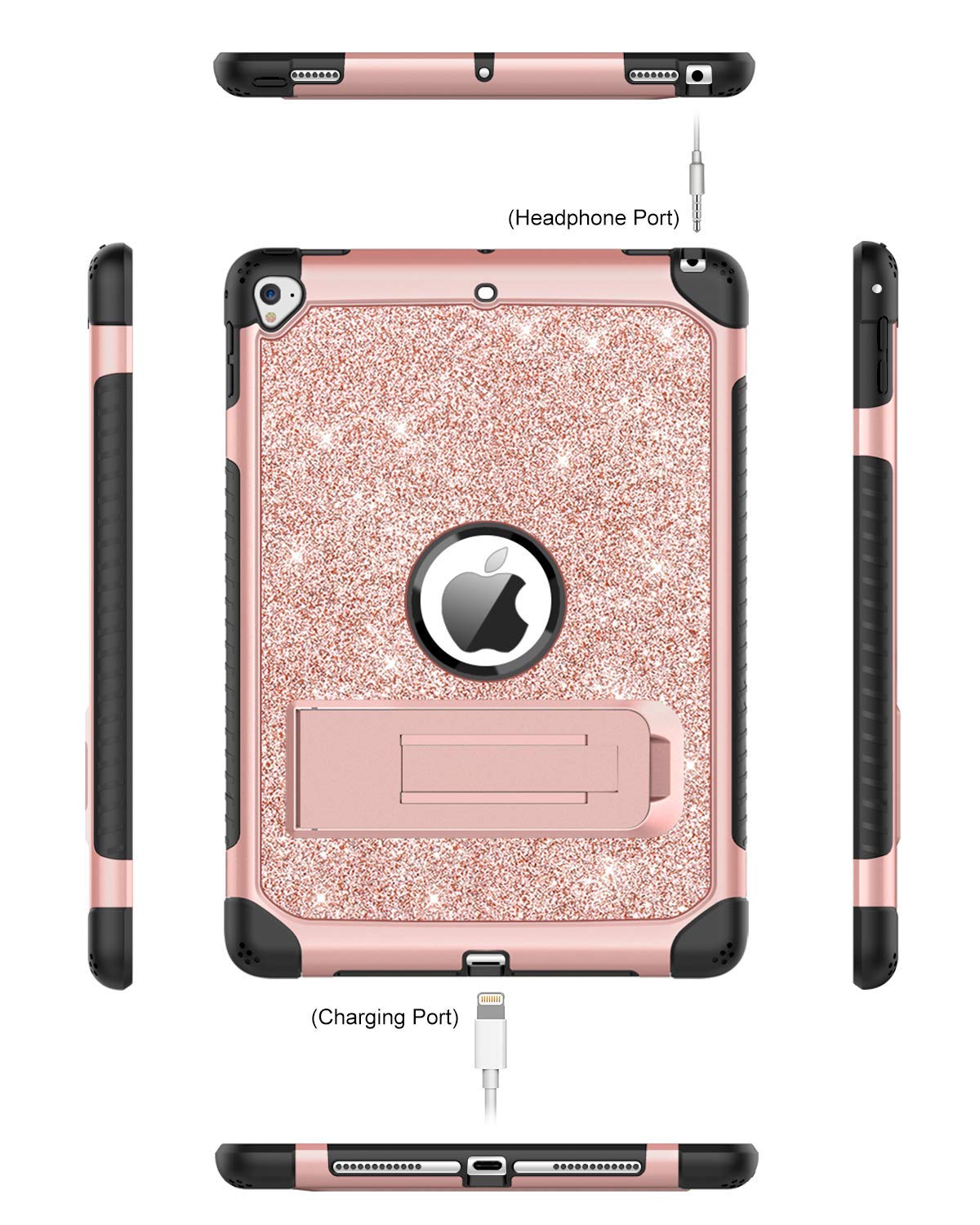 DUEDUE Shockproof iPad Case - Compatible with iPad 9.7 (2017/2018), iPad Air 2, iPad 6th/5th Gen & iPad Pro 9.7 | 3-in-1 Heavy Duty Hard PC Cover with Kickstand & Glitter Bling Design (Pink) - Perfect for Work, School & Travel Protection