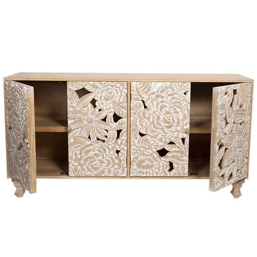 Hand Carved Large Floral Wood Sideboard Cabinet - Rustic Farmhouse Buffet Storage for Dining Room & Living Room