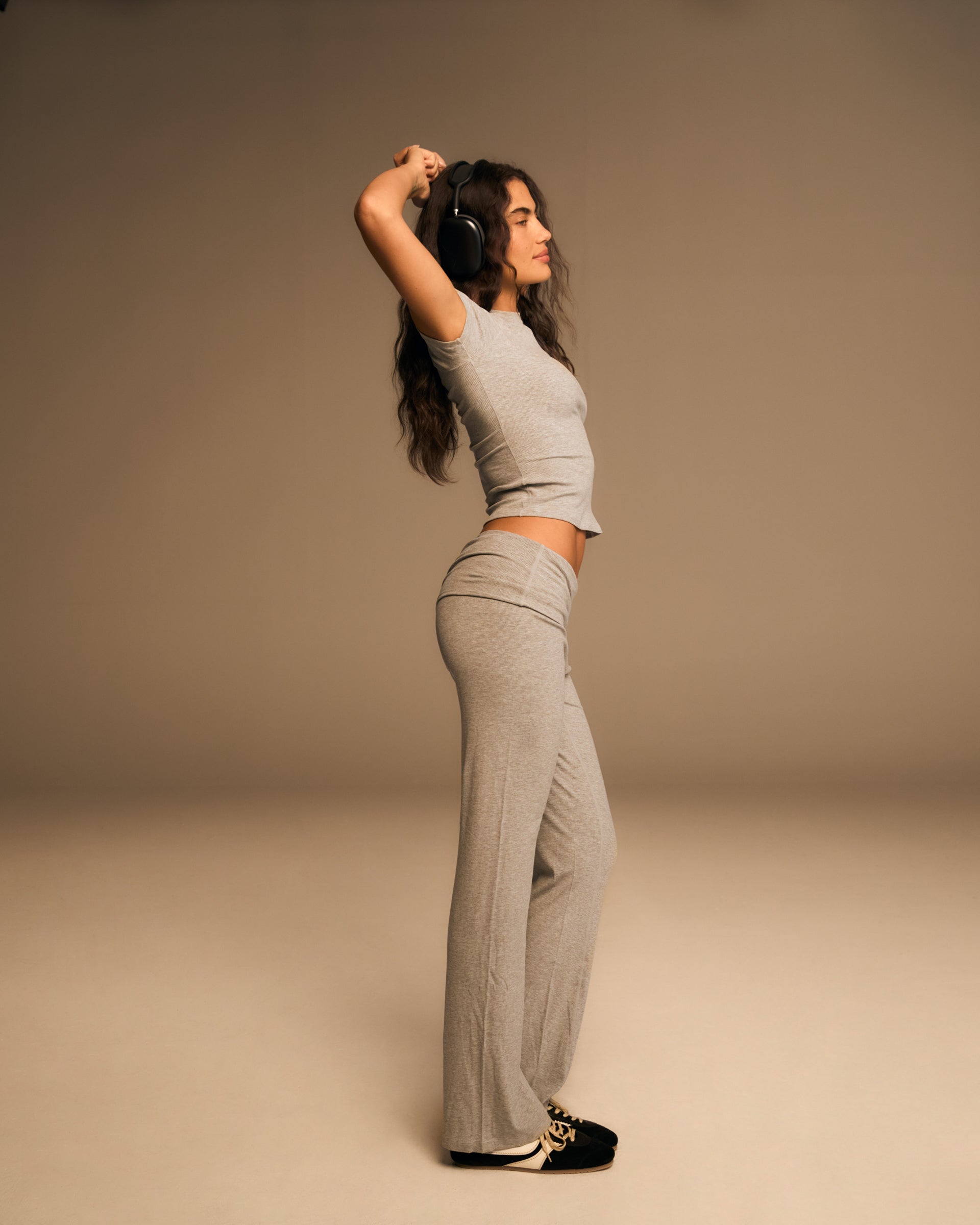 Rib Fold Over Pants - Soft Grey Melange Joggers for Women | Comfortable Lounge Pants for Yoga, Home Wear & Casual Outfits