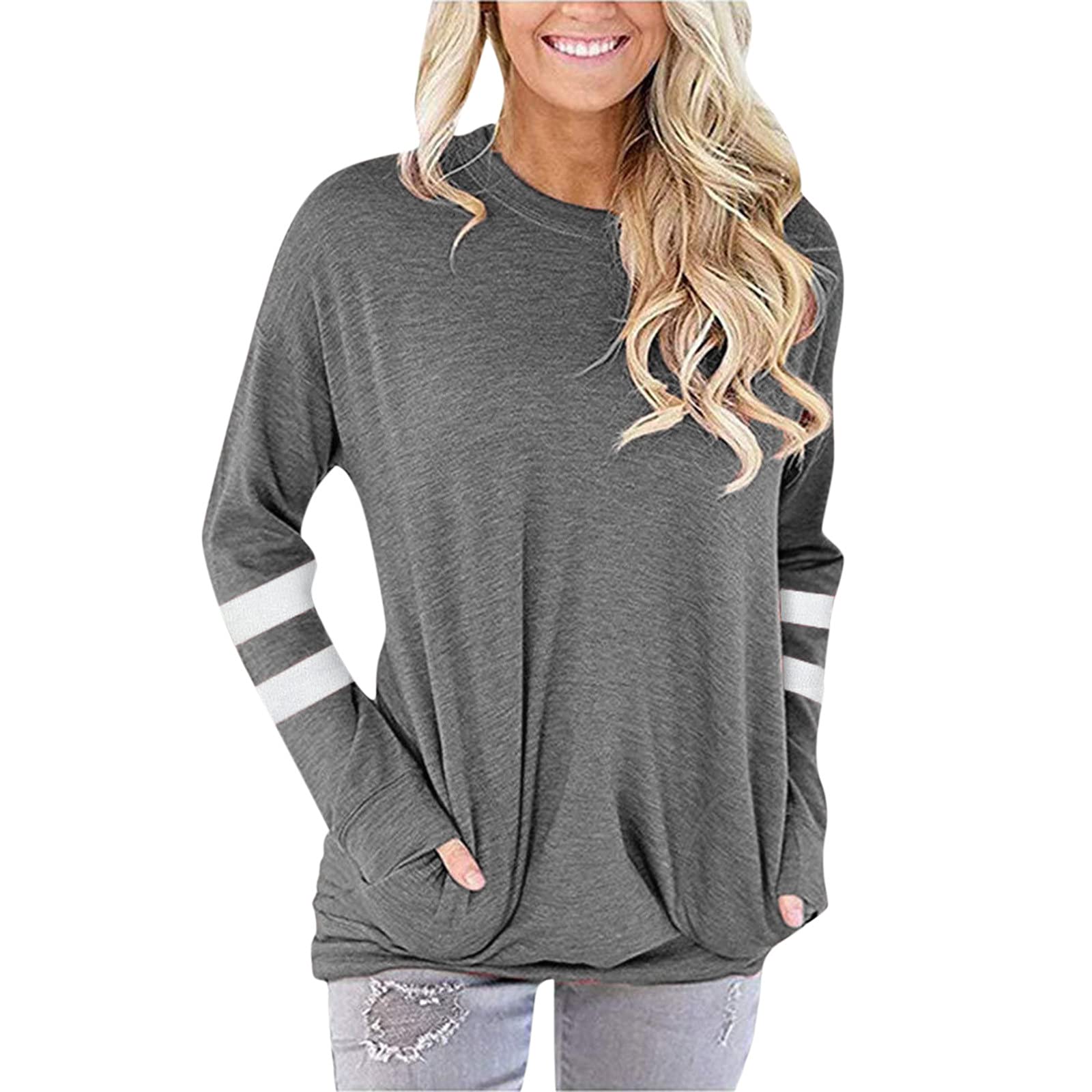 Women's Casual Loose Fit Pocket Tunic Top - Comfortable Long Sleeve Crewneck Pullover Sweatshirt | Perfect for Everyday Wear, Weekend Outings & Layering in Fall/Winter