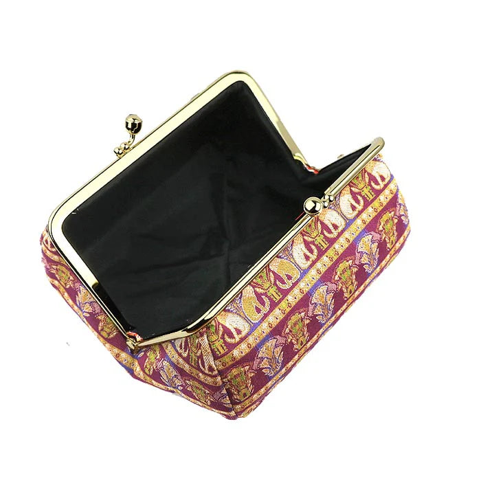Authentic Kyoto Nishijin Woven Small Pouch - Cat & Mauve Design | Japanese Gamaguchi Cosmetic Bag for Makeup, Travel Toiletry & Stationery | Premium Bag Organizer & Bag-in-Bag Accessory | Perfect for Daily Use, Gift Giving & Japanese Culture Enthusiasts