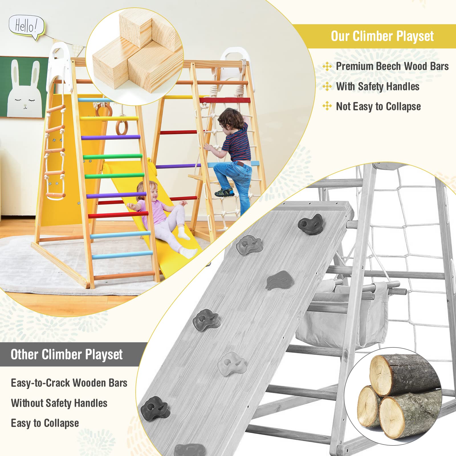 Costzon 8-in-1 Montessori Indoor Jungle Gym for Toddlers - Wooden Climbing Toys with Slide, Rock Wall, Net & Monkey Bars - Safe Playground Climber Set for Kids Ages 3-6 | Perfect for Home Playrooms, Daycares & Birthday Gifts