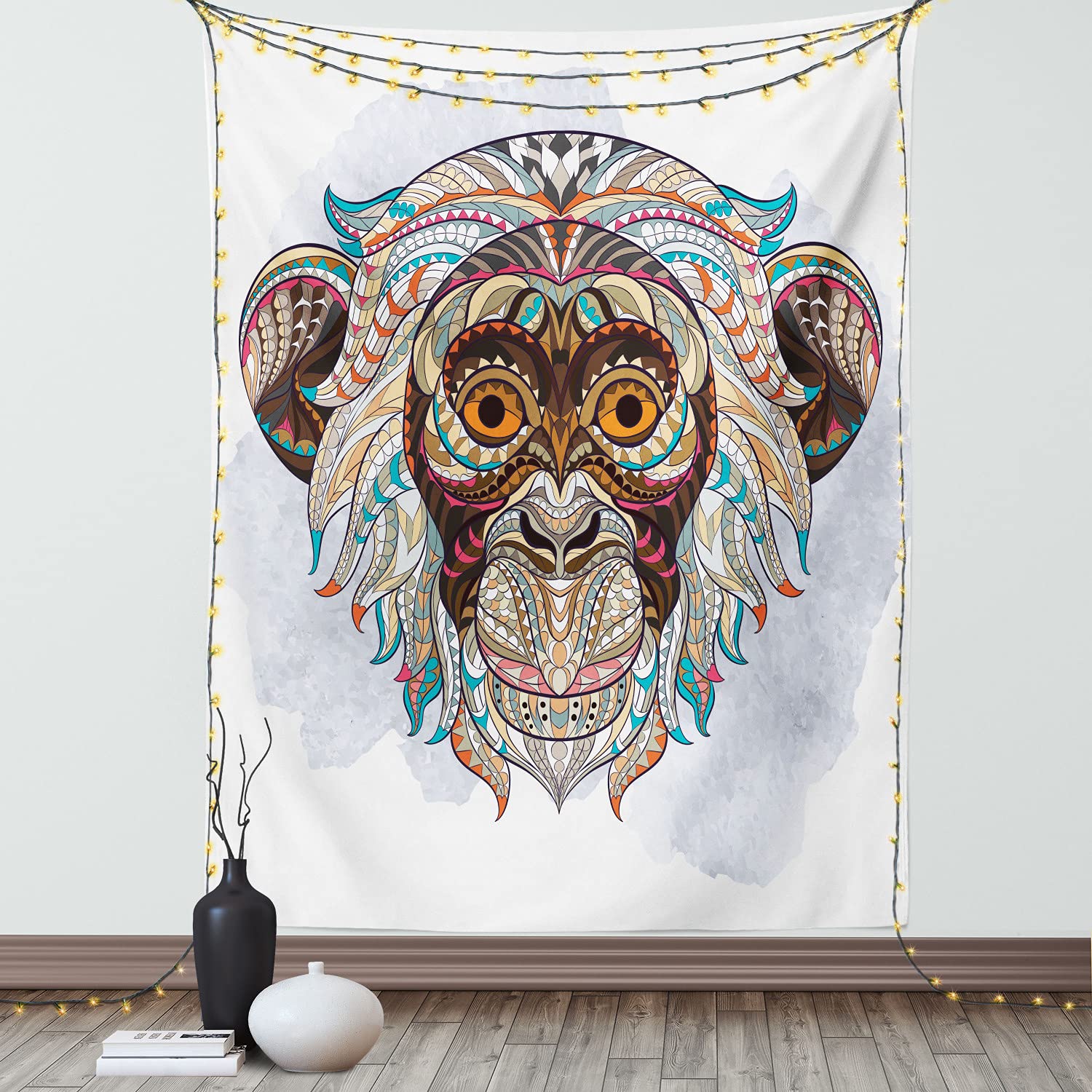 Ambesonne Grunge Tapestry - Monkey Head Totem Wall Art with Teal & Brown Tribal Pattern, 60x80 Inch Bohemian Wall Hanging for Bedroom, Living Room, Dorm Decor - Perfect for Boho Chic Home Decor & Hippie Themed Parties