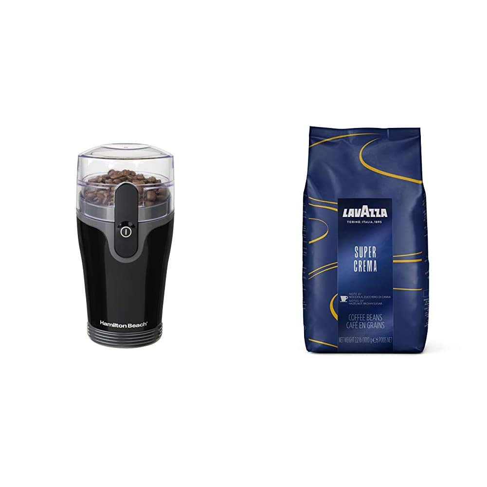 Hamilton Beach Fresh Grind 4.5oz Electric Coffee Grinder for Beans & Spices - Stainless Steel Blades - Black | Lavazza Super Crema Whole Bean Coffee Blend - Medium Espresso Roast - 2.2lb Bag - Perfect for Home Brewing & Espresso Machines