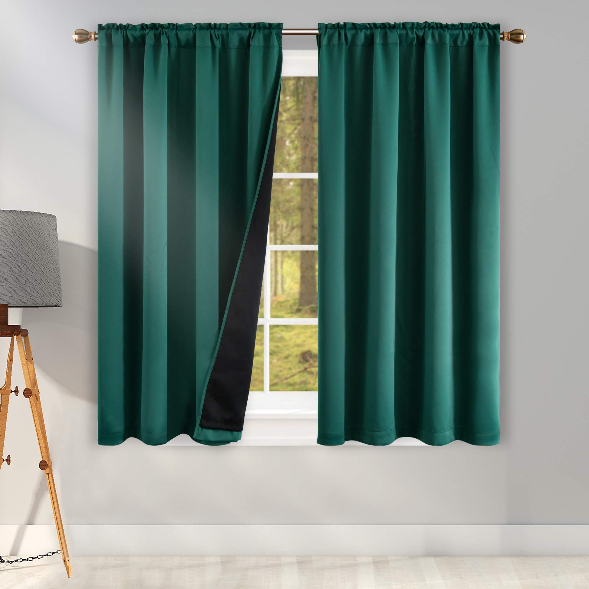 100% Blackout Emerald Green Thermal Insulated Double Layer Curtains for Boys Bedroom - Black Lined Rod Pocket Window Drapes (45