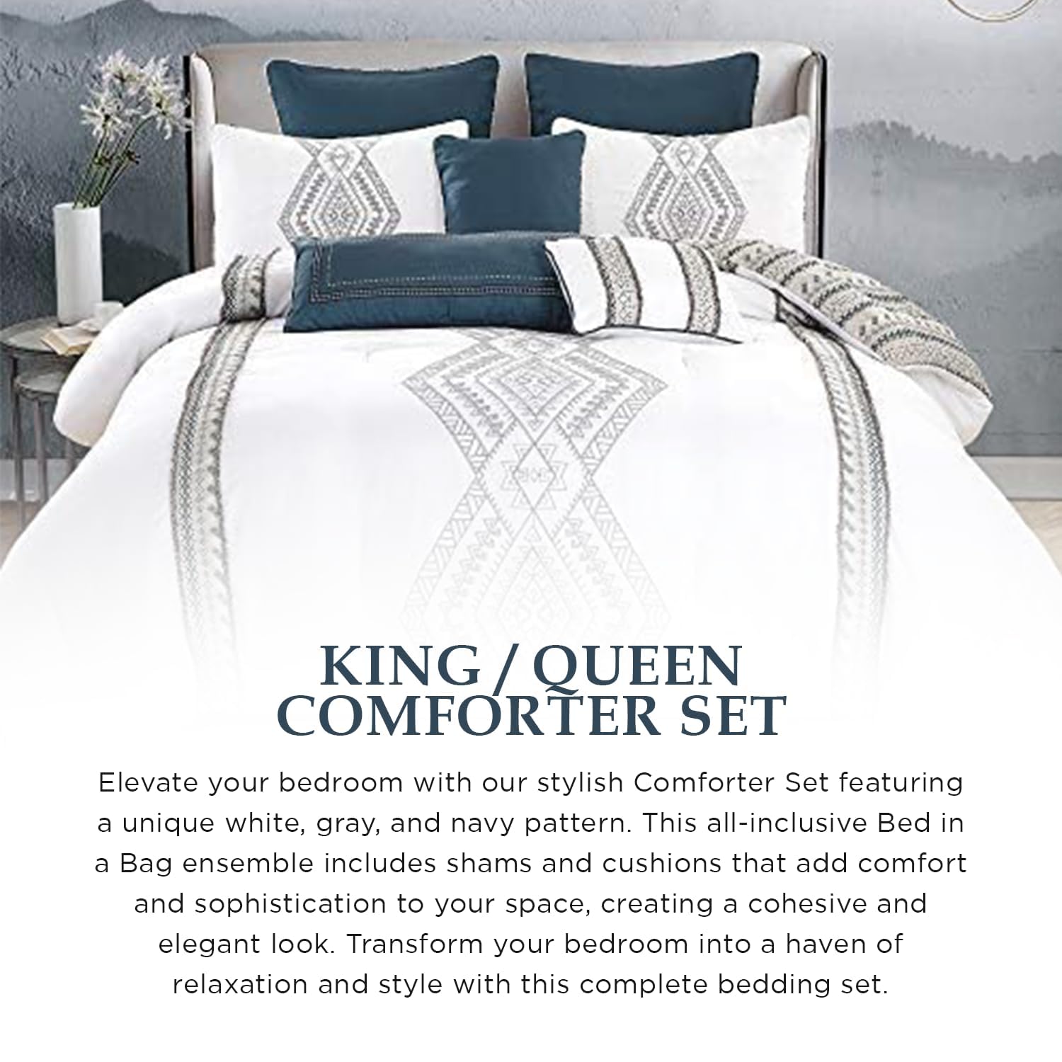 Luxury 8-Piece Queen Comforter Set - Modern White Gray Navy Pattern Bedding Collection with Shams & Cushions | Soft Full/Queen Size Bed in a Bag for Cozy Bedroom & Guest Room Decor
