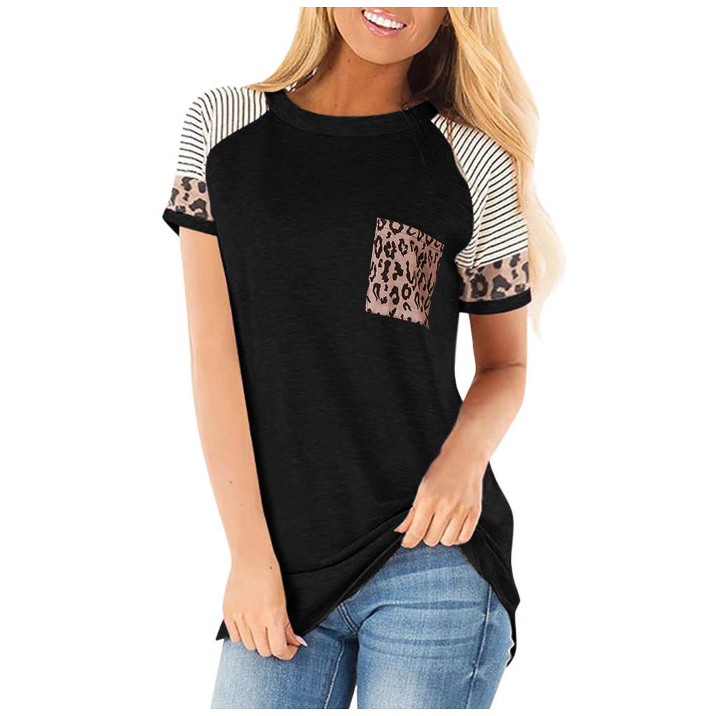 Lozeny Women's Patchwork Raglan T-Shirt - Leopard Graphic Short Sleeve Pullover Blouse, Casual Summer Tunic Top for Women | Perfect for Beach Outings, Music Festivals & Everyday Wear