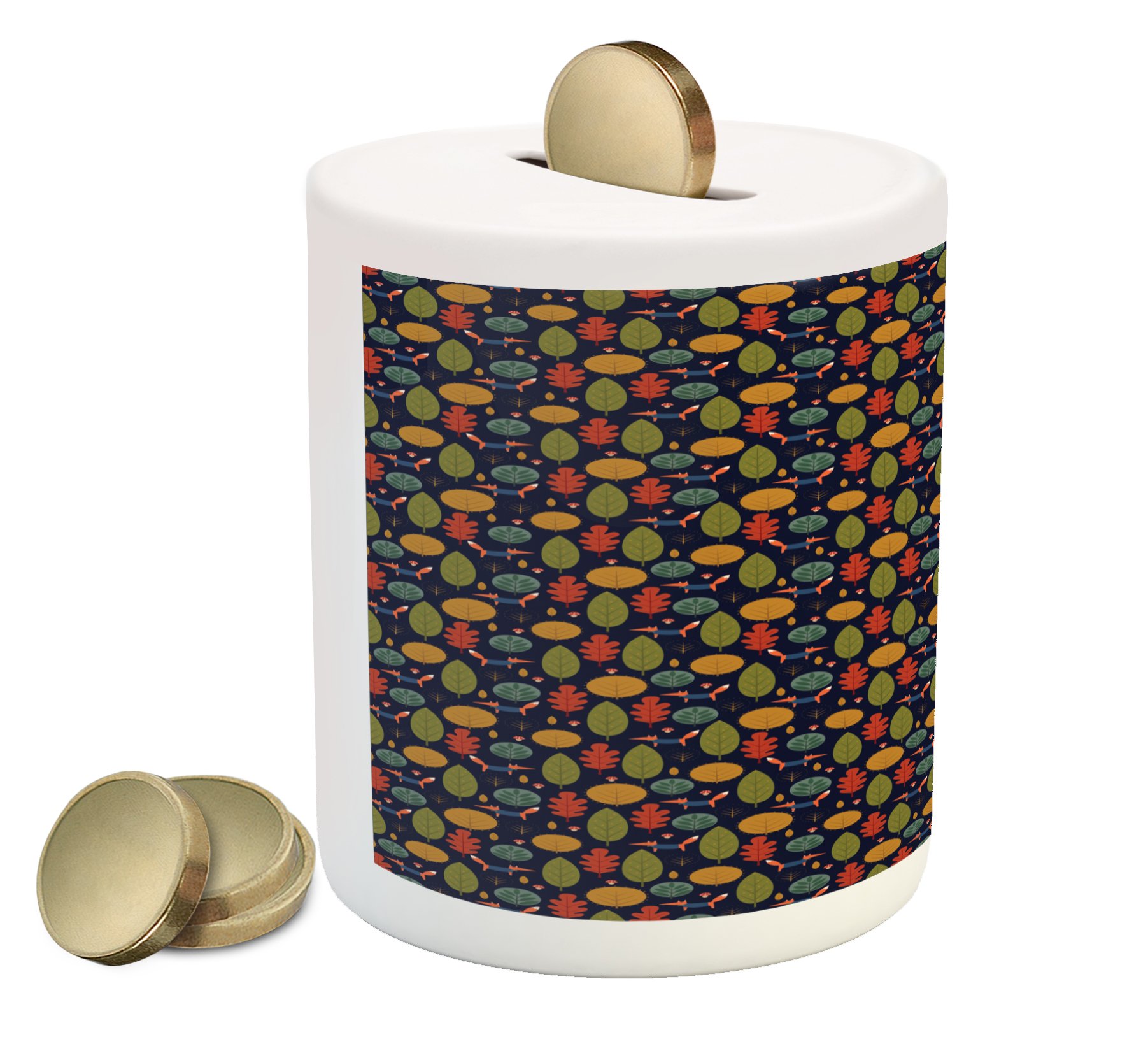Ambesonne Ceramic Piggy Bank - Funny Forest Design with Fox, Trees & Mushrooms | Printed Money Box for Cash Savings | Perfect Gift for Kids & Adults | Ideal for Home, Office & Nursery Decor