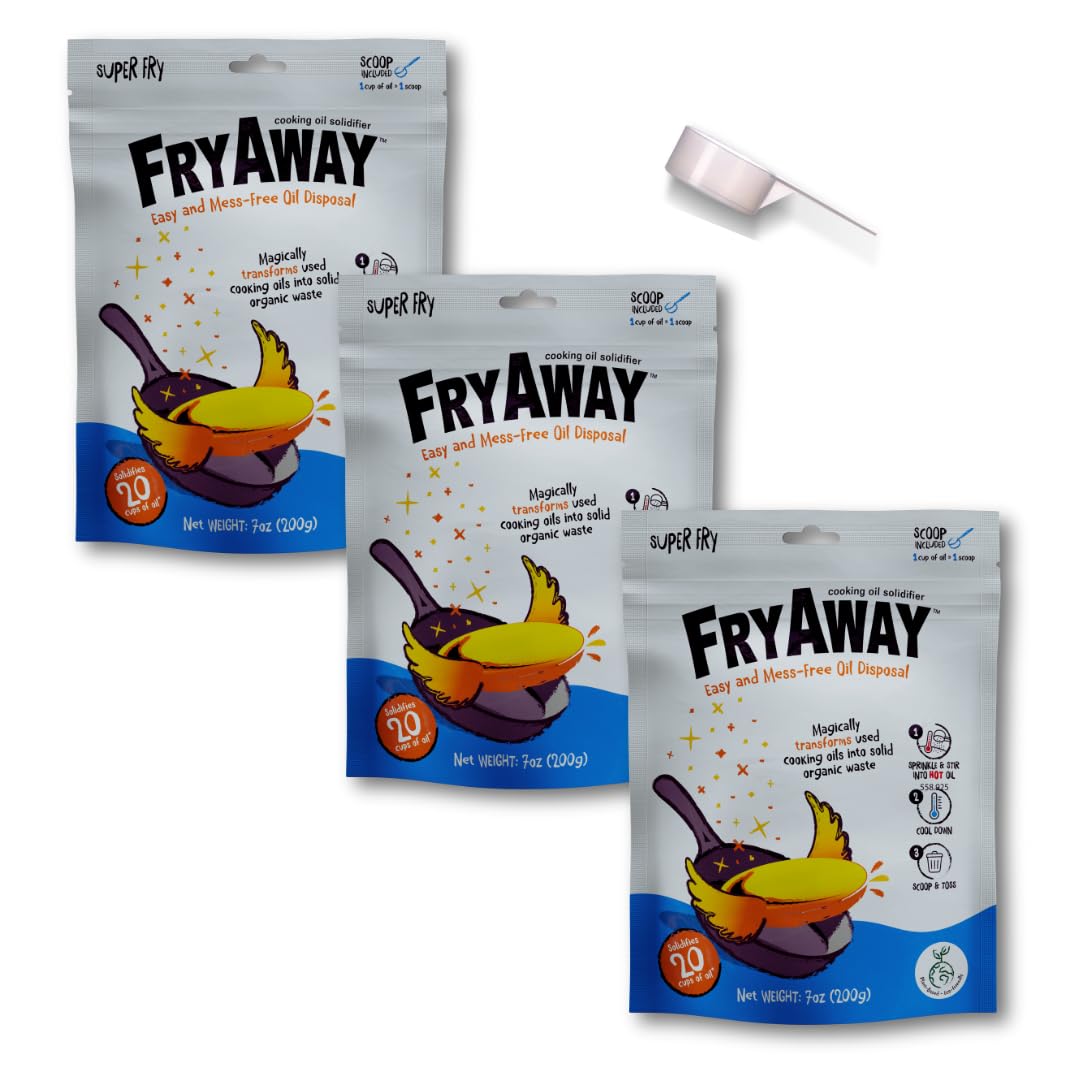FryAway Super Fry Cooking Oil Solidifier - Plant-Based Powder, 3-Pack (Solidifies 4.5 Gallons) - Easy Mess-Free Oil Cleanup & Disposal - Made in USA - Perfect for Deep Frying, Restaurant Use & Home Kitchen Waste Management