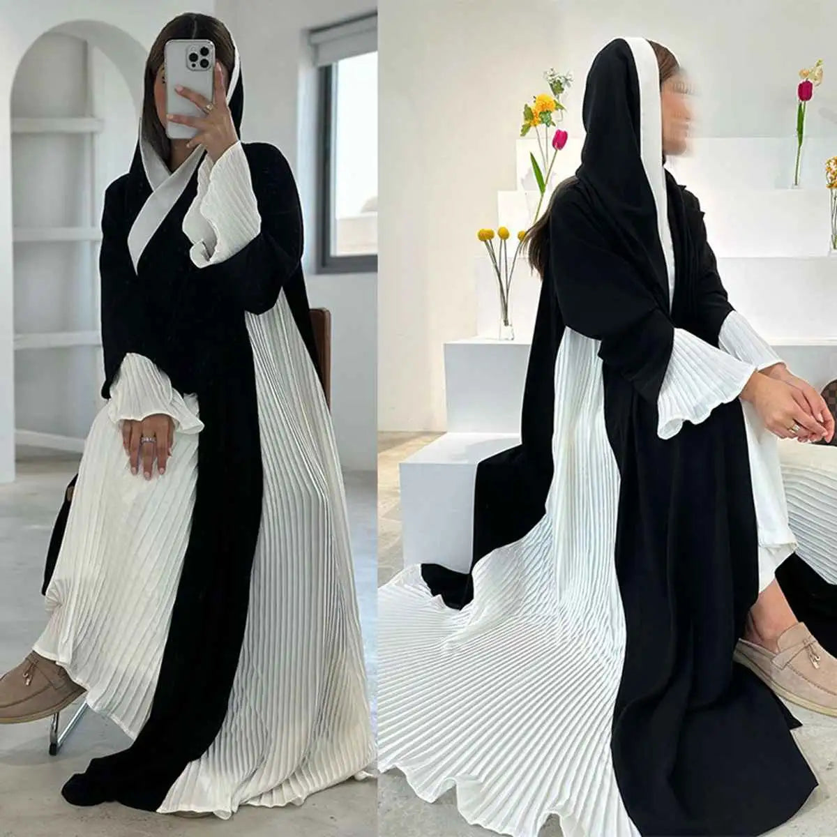 Elegant Pleated Muslim Women's Cardigan Open Abaya Dress - Modest Islamic Fashion for Prayer, Home & Special Occasions